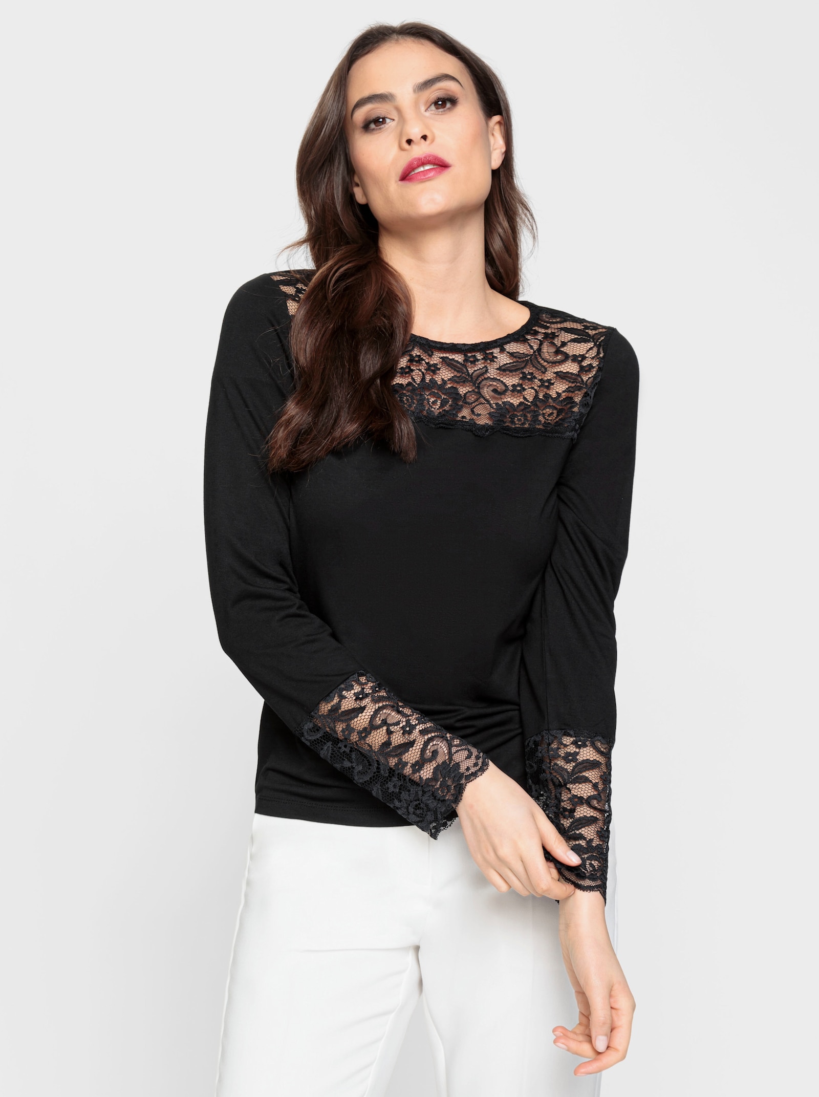 heine Shirt met lange mouwen en kantinzet - zwart