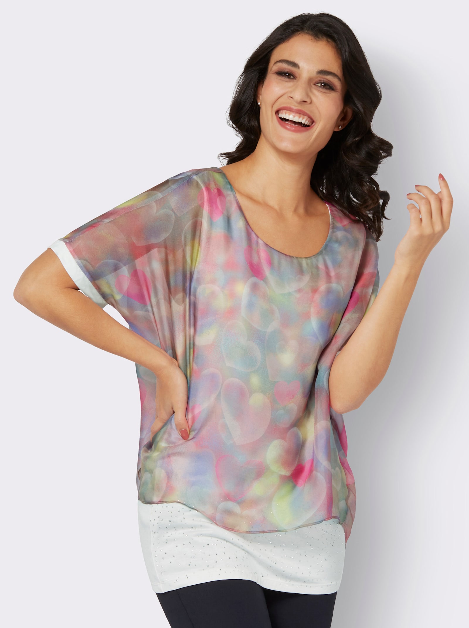 Kurzarmbluse mit Fledermaus-Ärmeln - rosé-pink-bedruckt