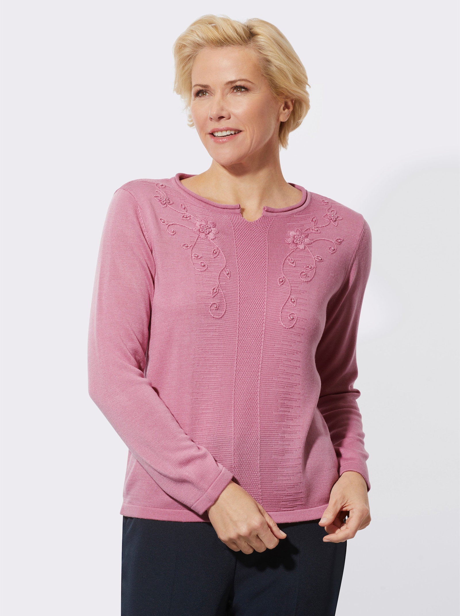 Pullover met rolrand bij de ronde hals - oudroze