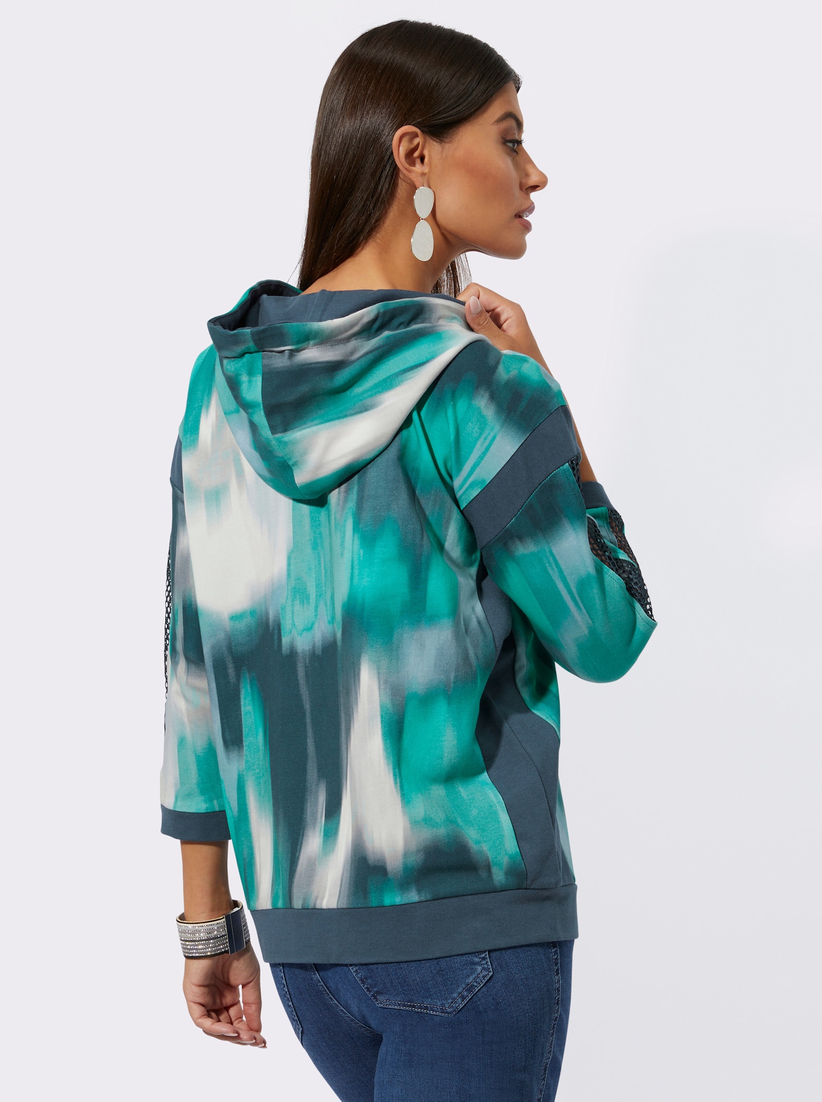 Sweatshirt mit Kontrast-Einsätzen - salbei-dunkelblau-bedruckt