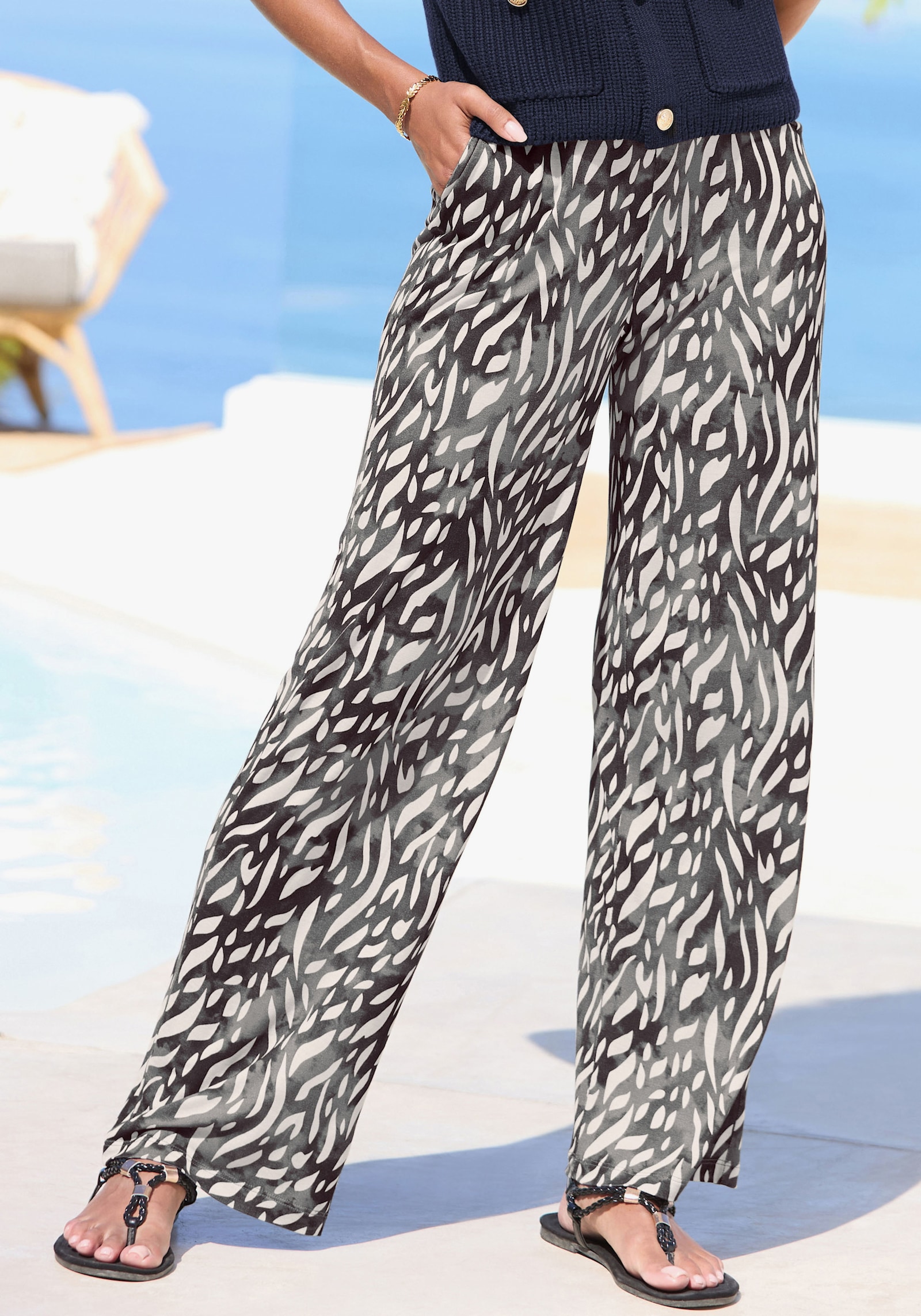 LASCANA Palazzohose - creme-graublau bedruckt