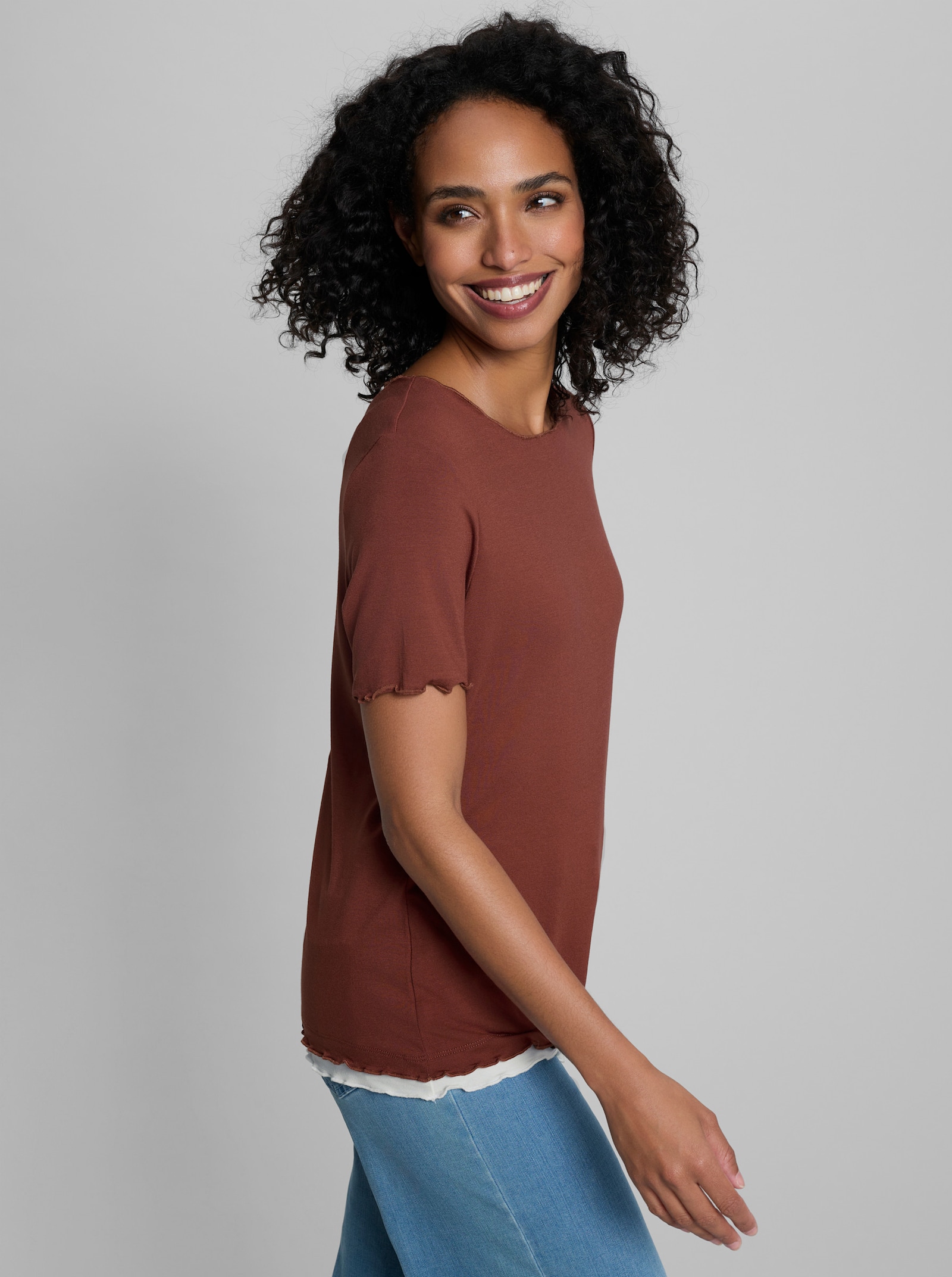 heine Kurzarmshirt mit Wellenkanten - rotbraun