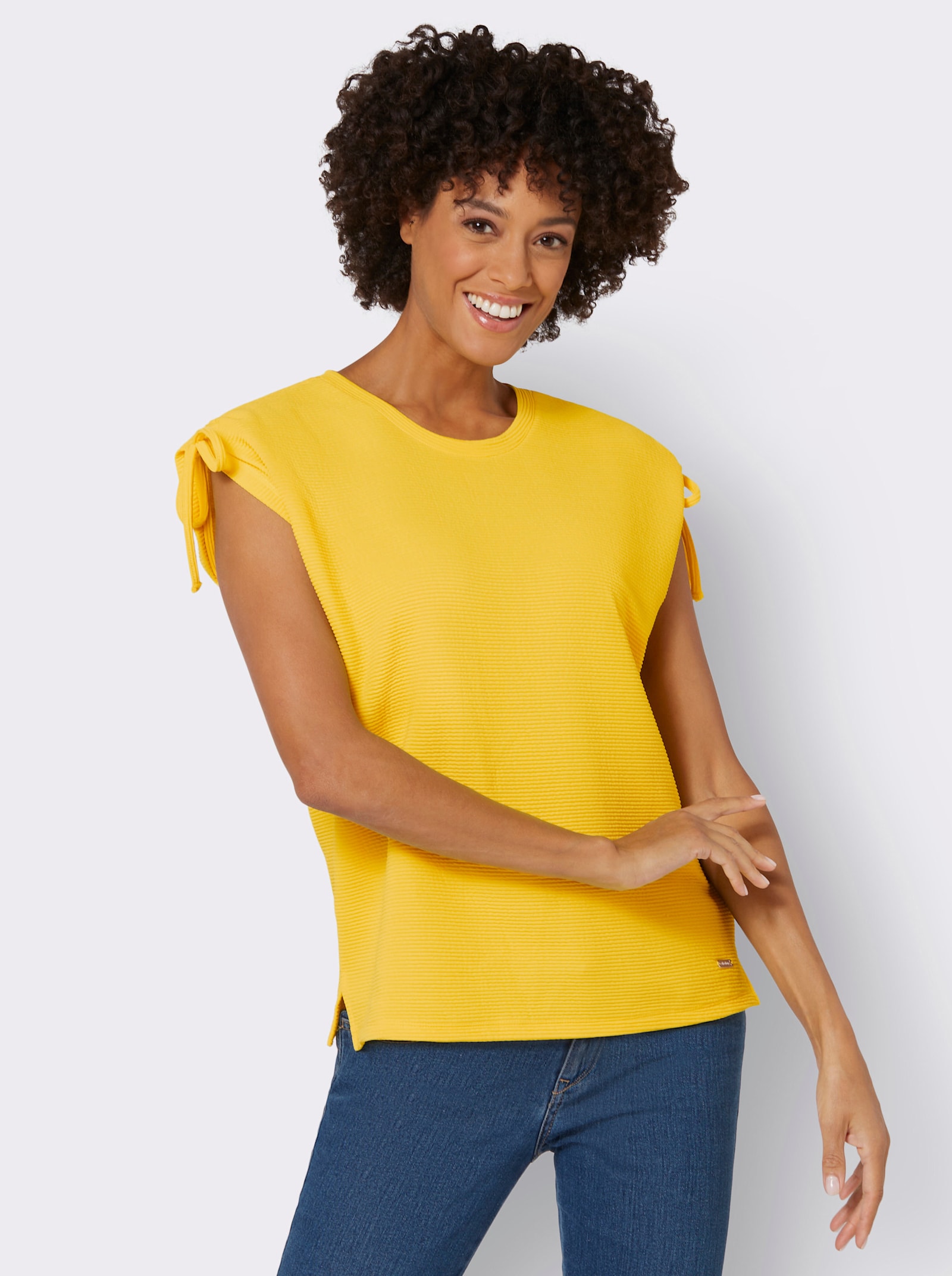 Shirt met ronde hals en rimpelbare schouders - zonnegeel