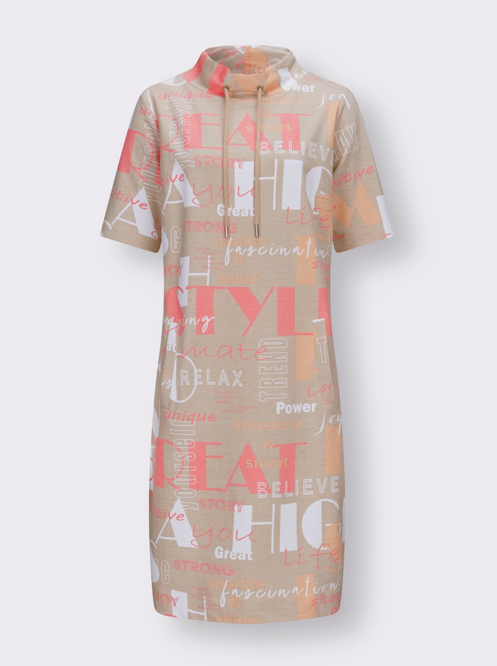 Druckkleid mit weitenregulierbarem Kragen - sand-flamingo-bedruckt