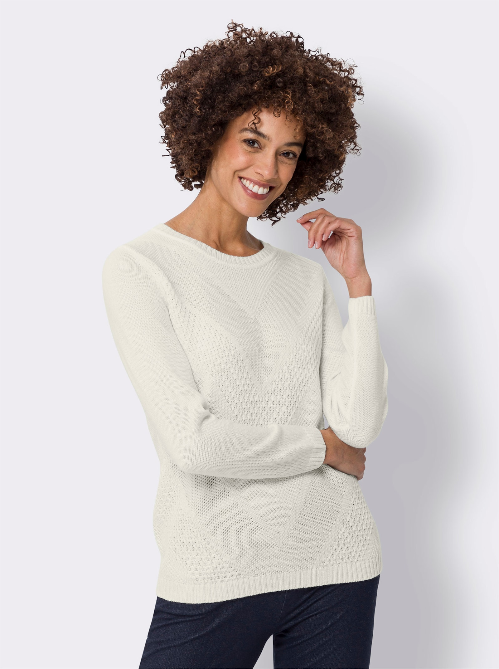 Långärmad tröja med mönsterstickning fram - gräddvit