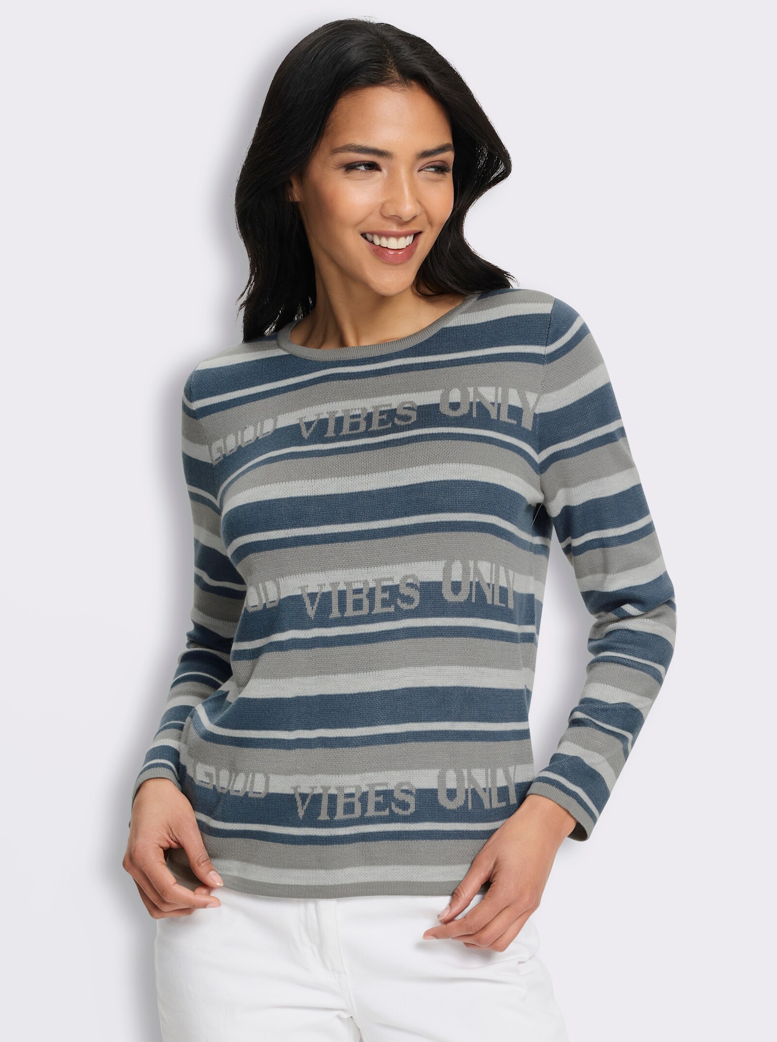 Jacquard-Pullover mit Streifen und Schriftzug - steingrau-rauchblau-gemustert