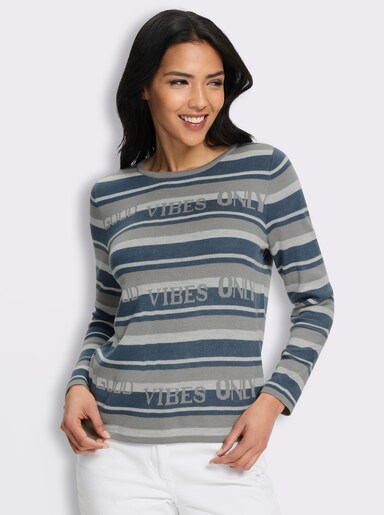 Jacquard-Pullover mit Streifen und Schriftzug - steingrau-rauchblau-gemustert