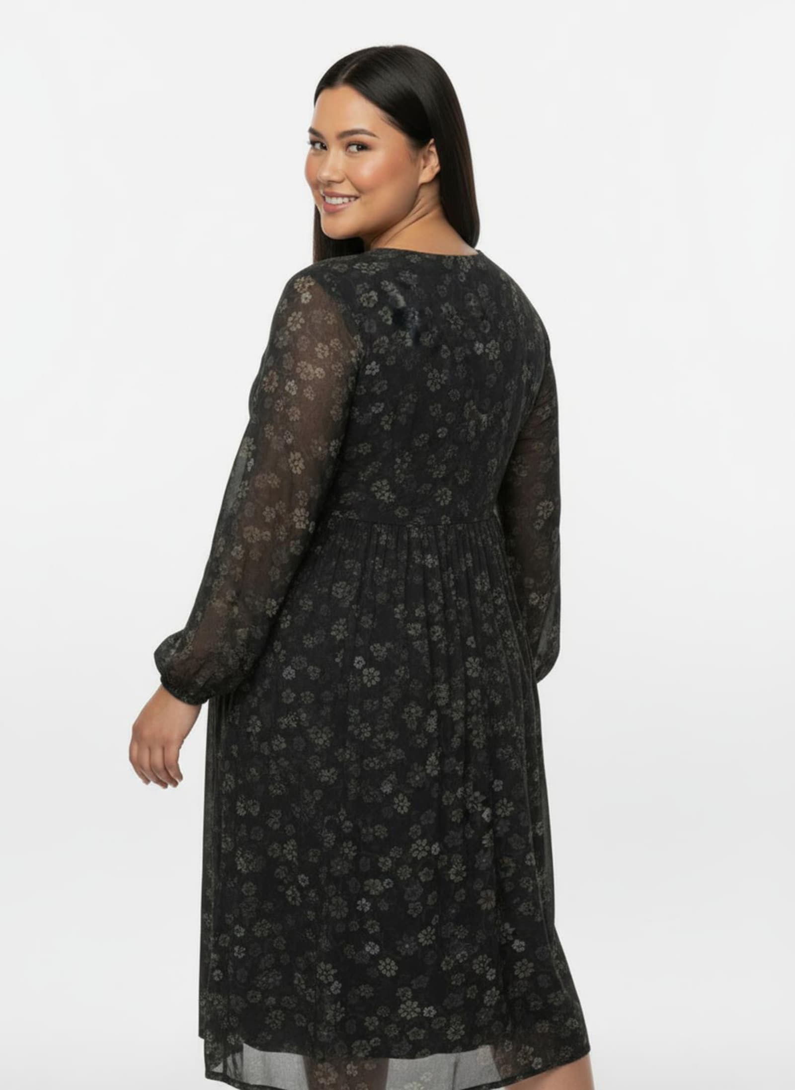 Blumenkleid in floral bedruckter Mesh-Qualität - schwarz-bedruckt