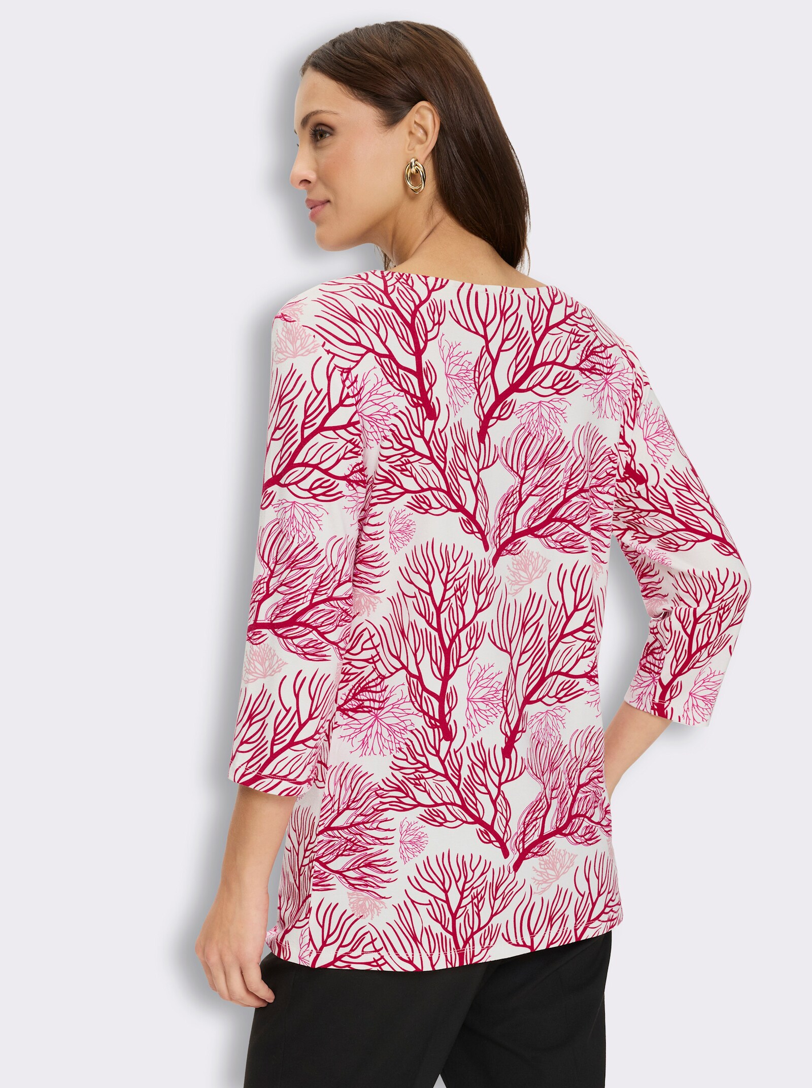 3/4-Arm-Shirt mit Korallenmuster - ecru-rot-bedruckt
