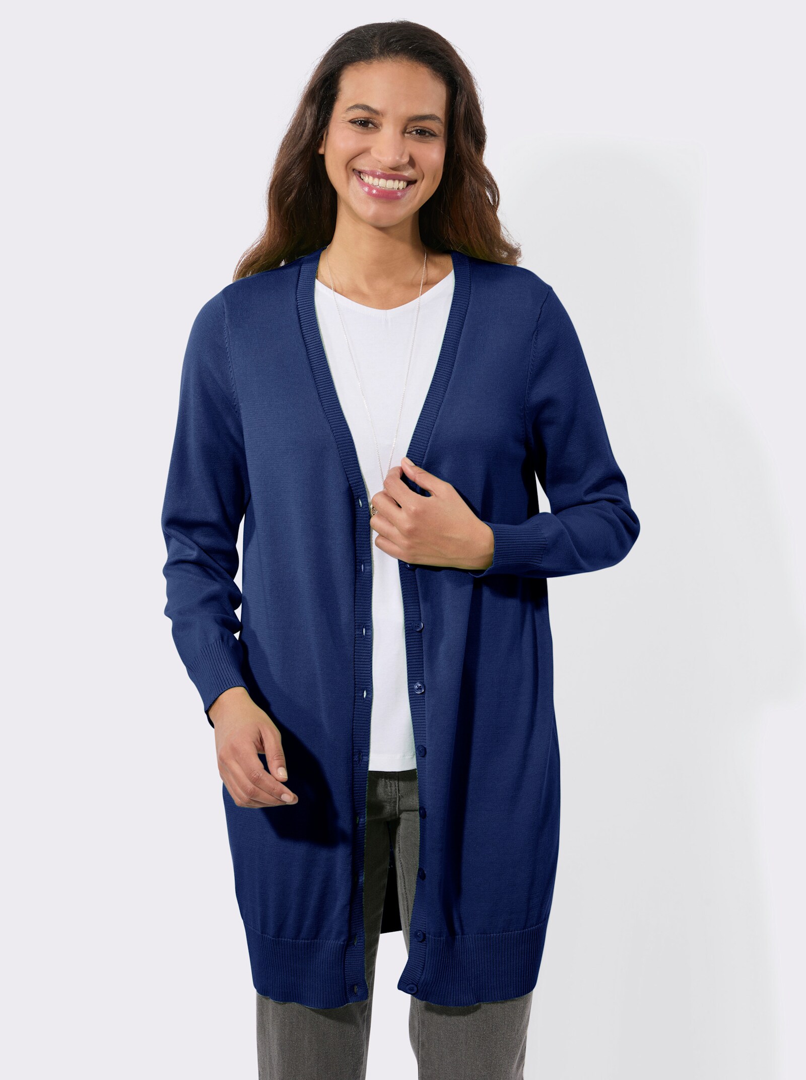Longstrickjacke mit gerippten Bündchen - royalblau