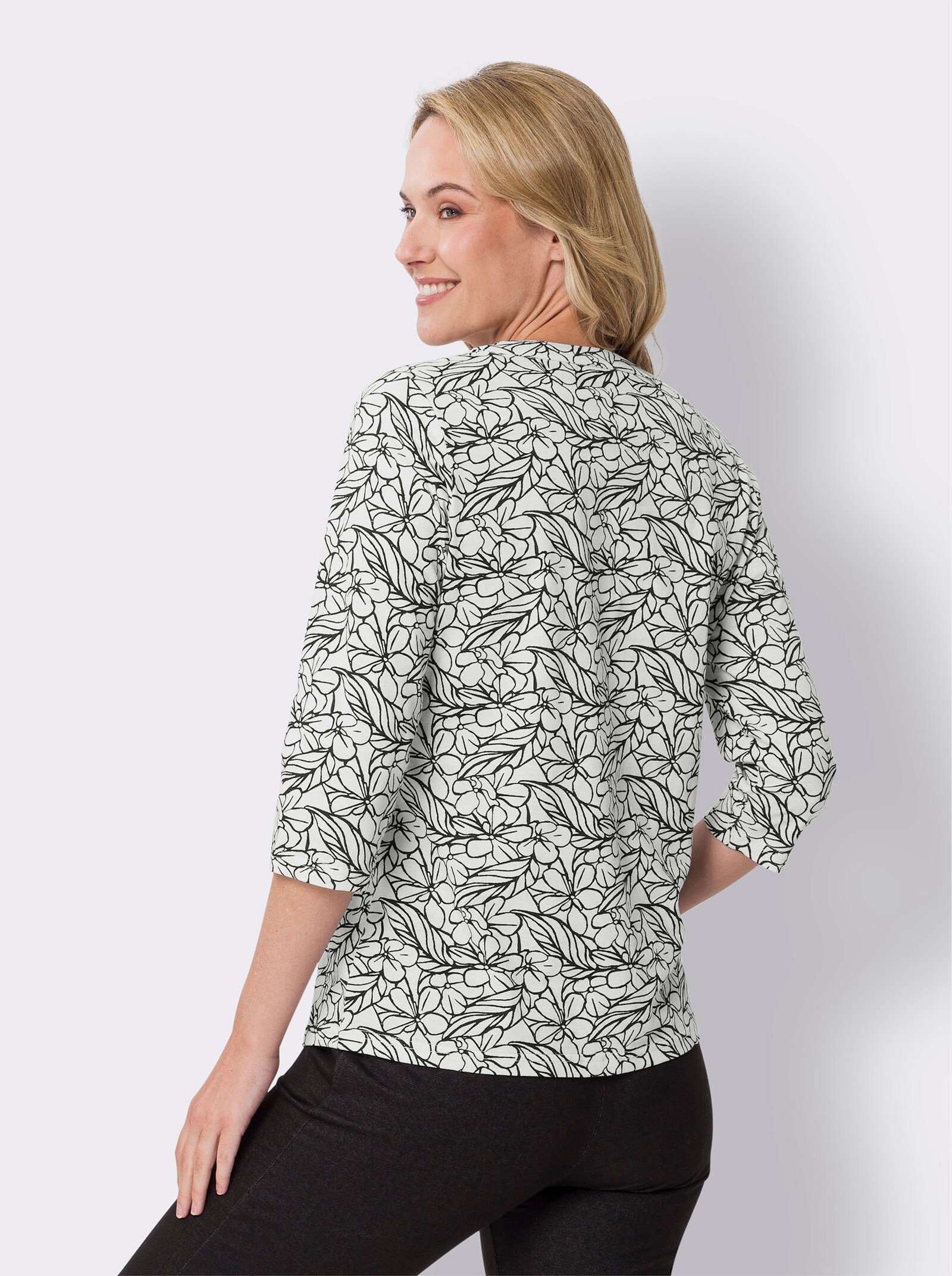 Tričko s 3/4 ruk. s kvet. vzorom - svetlobéžovo-čierna potlač