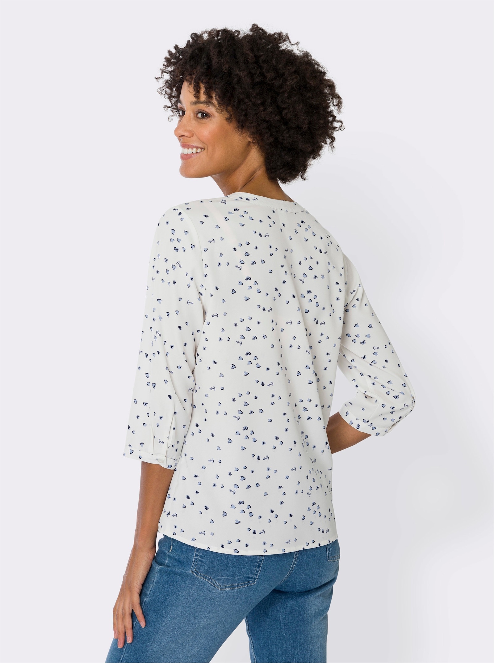 Comfortabele blouse met 3/4-mouwen - ecru/marine geprint