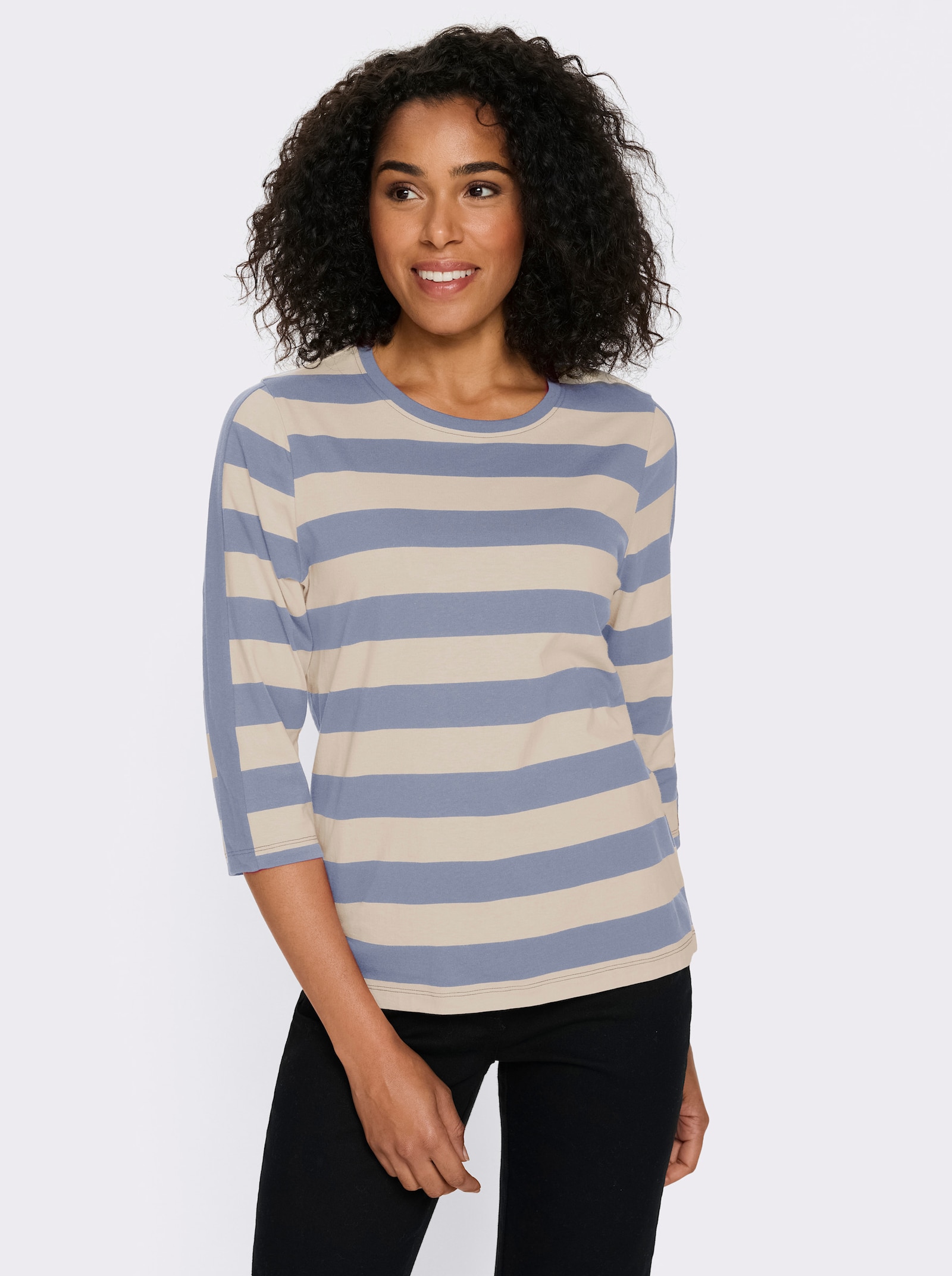 Shirt met 3/4-mouwen en in het garen geverfde strepen - duifblauw/ivoor gestreept