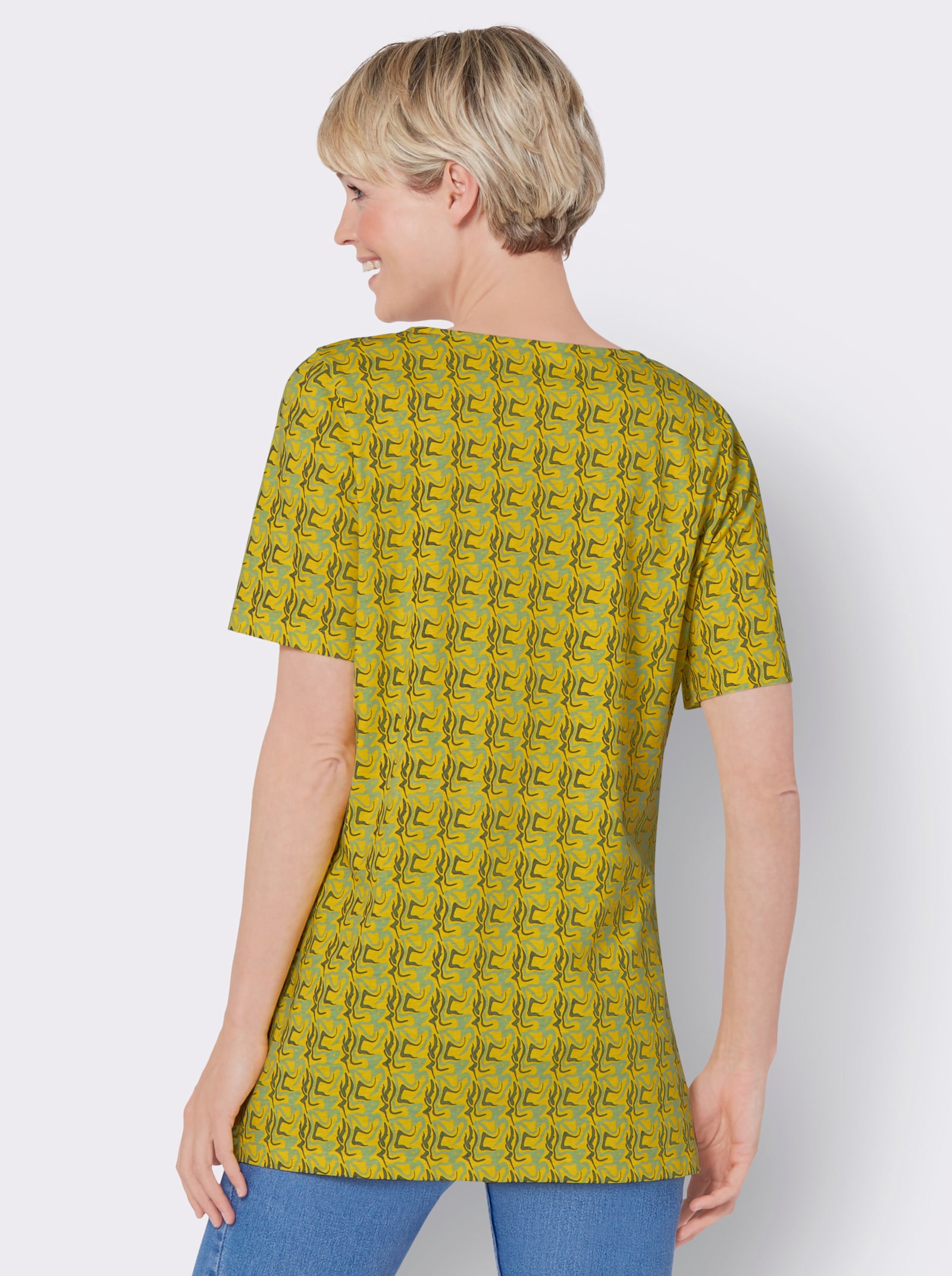 Dlouhé tričko s mramorovým vzorem - sluneční žlutá-olivová-potisk