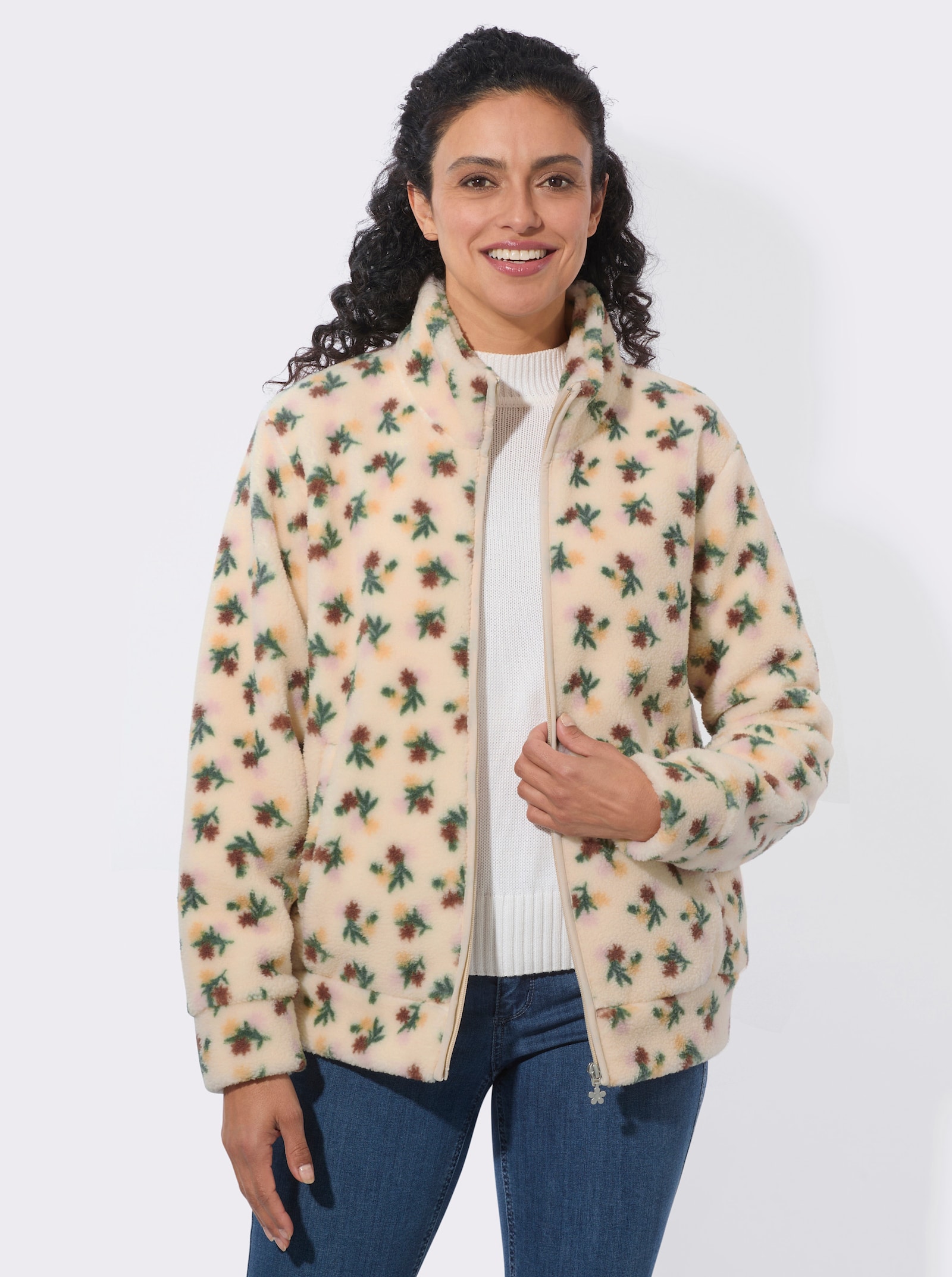  Fleecejacke im Blümchen-Dessin - elfenbein-camel-bedruckt