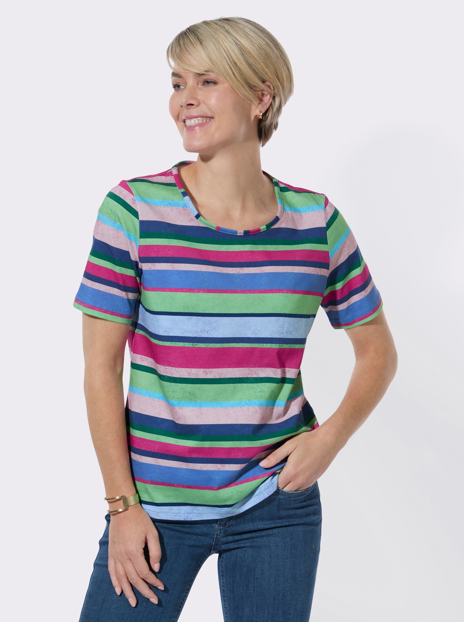 Ringelshirt aus Baumwoll-Modal-Mix - reseda-fuchsia-geringelt