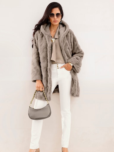 heine Fellimitatjacke mit Kapuze - sesam-gemustert