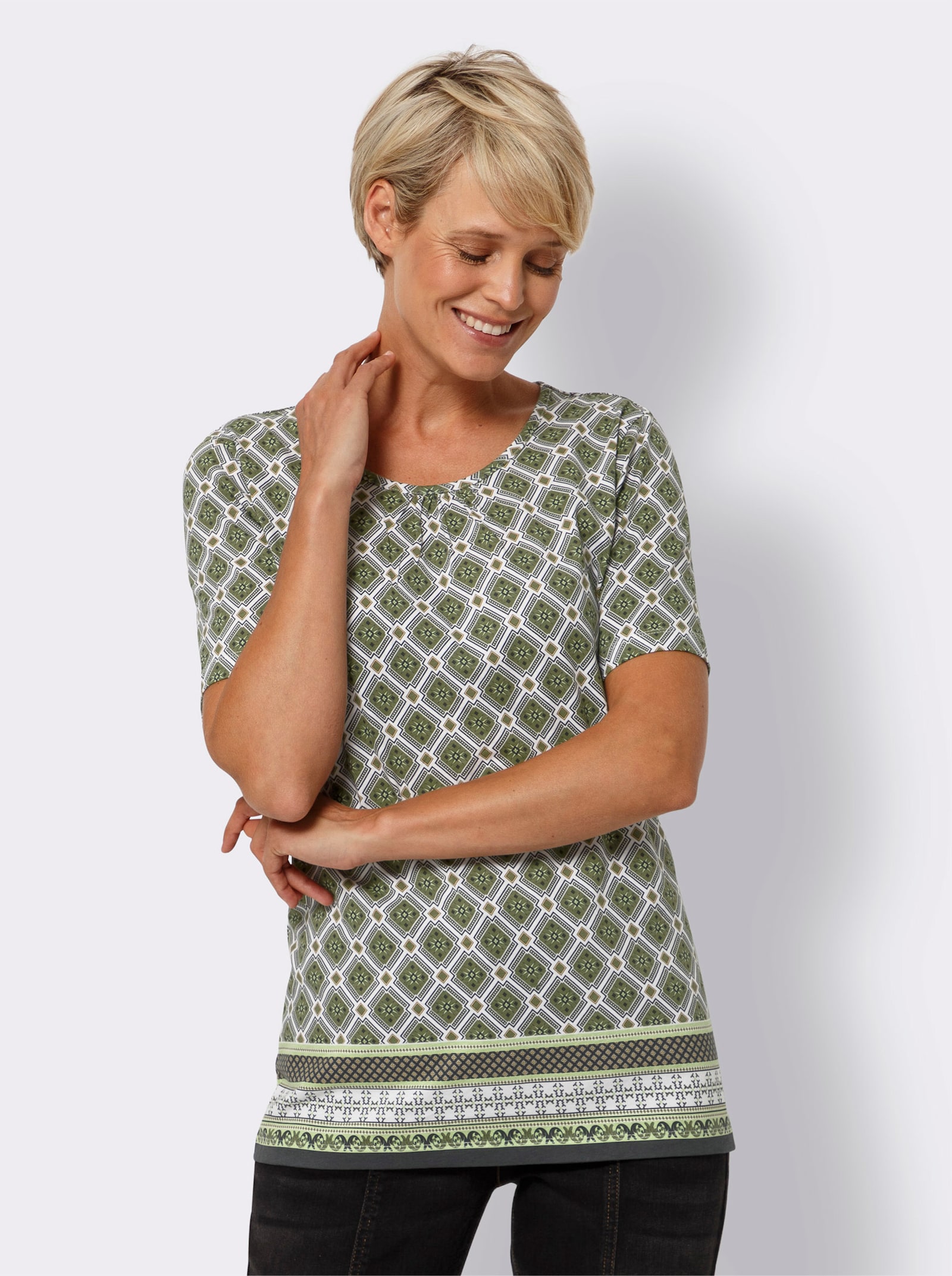 Shirt met korte mouwen en randprint, katoen - olijf/wit gedessineerd