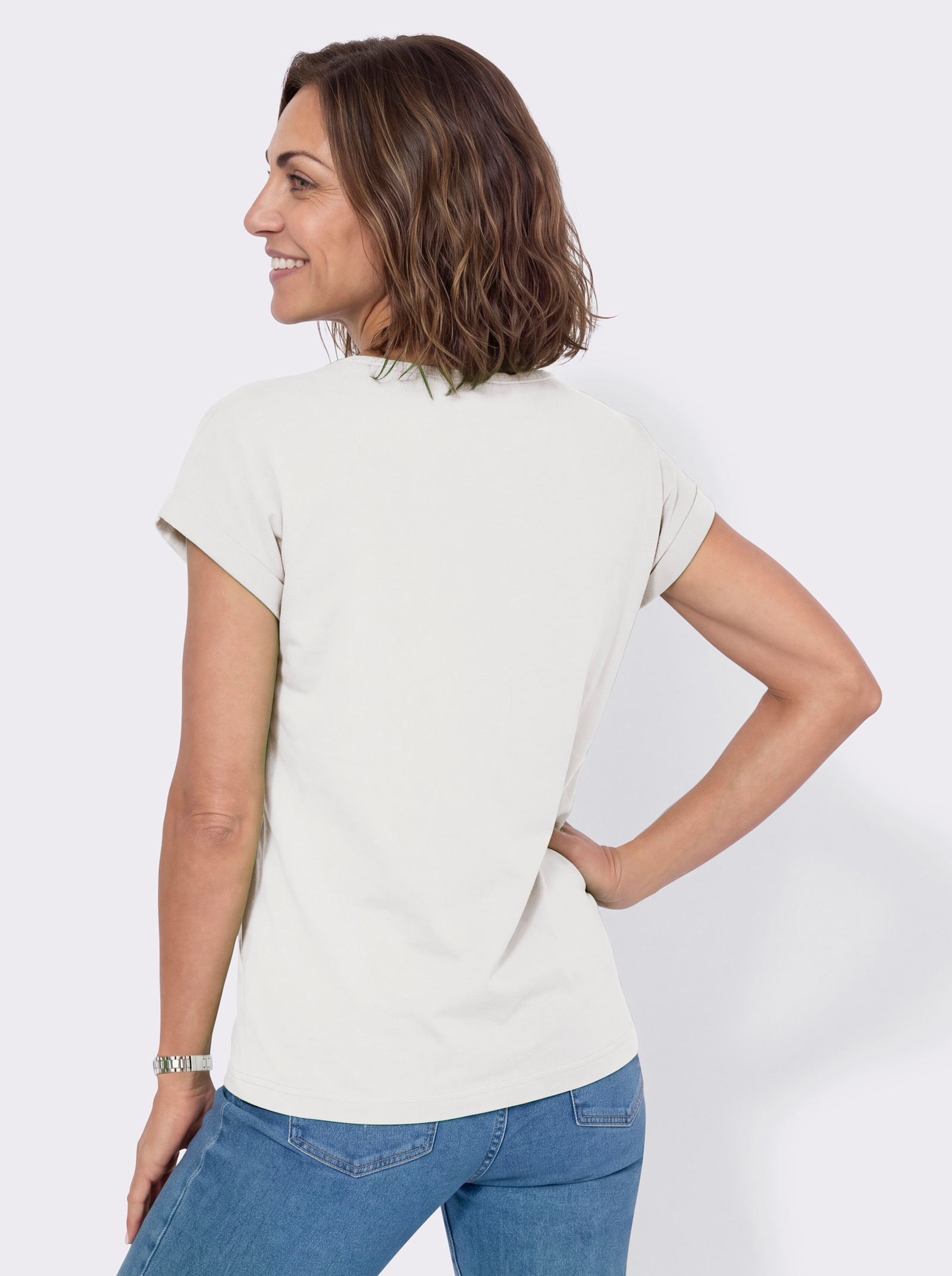 Rundhalsshirt mit platziertem Druck - ecru-apfel