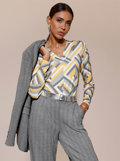 V-Shirt mit tollem Streifenmuster - ecru-grau-bedruckt