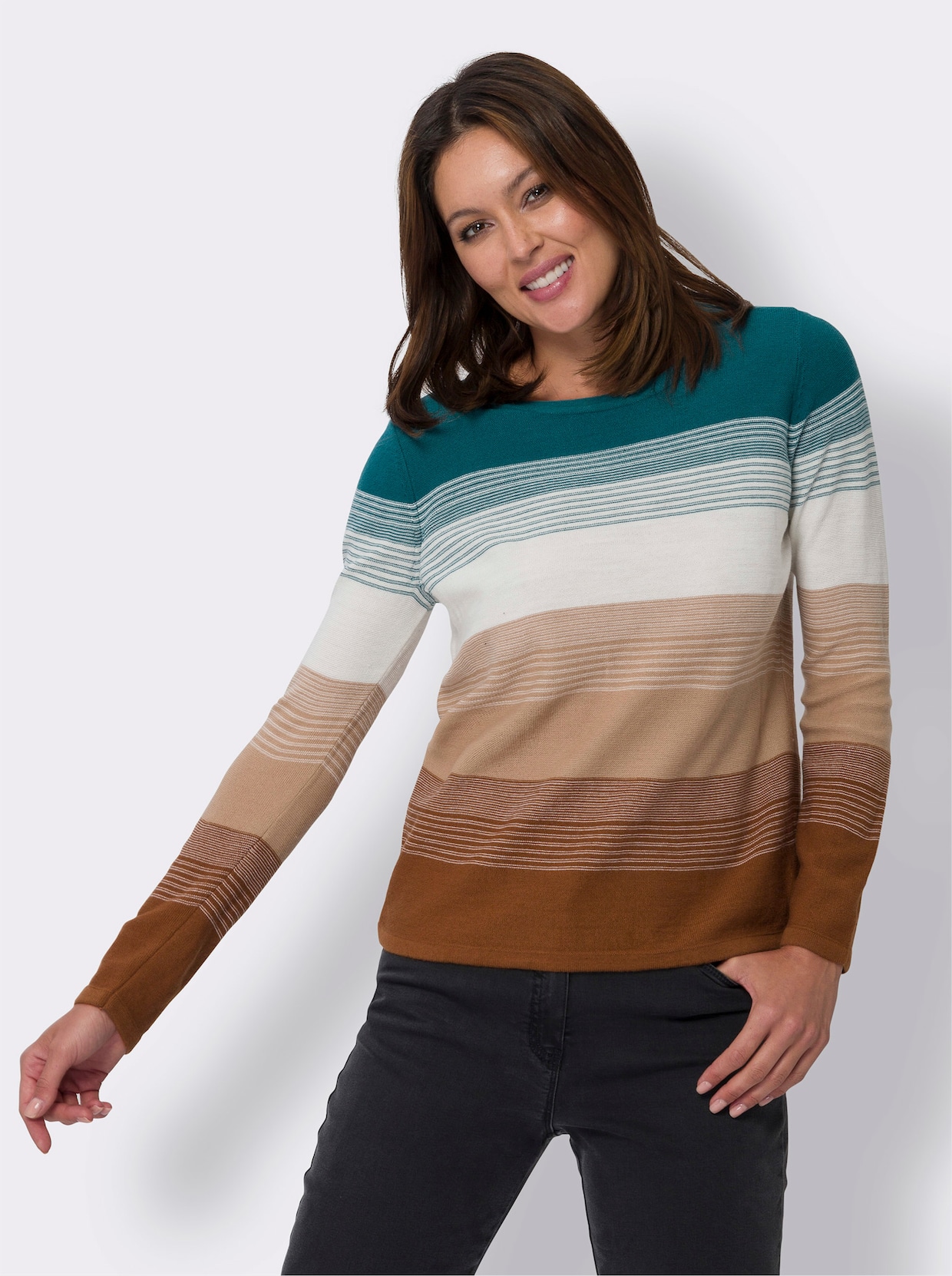 Pullover met lange mouwen - aquapetrol-cognac-gestreept