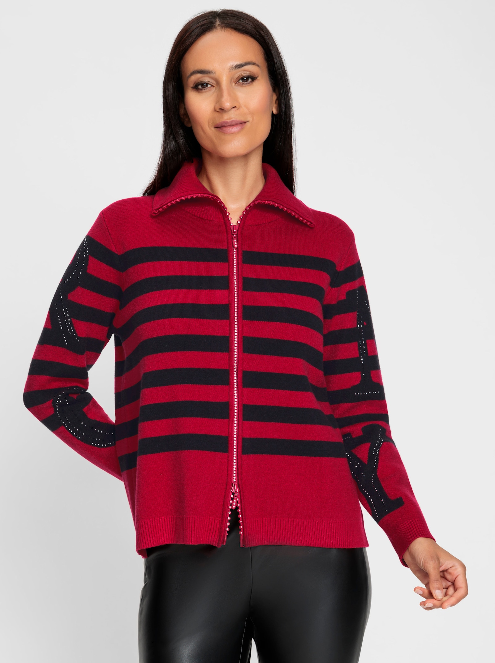 heine Strickjacke mit Stehkragen - rot-schwarz-geringelt