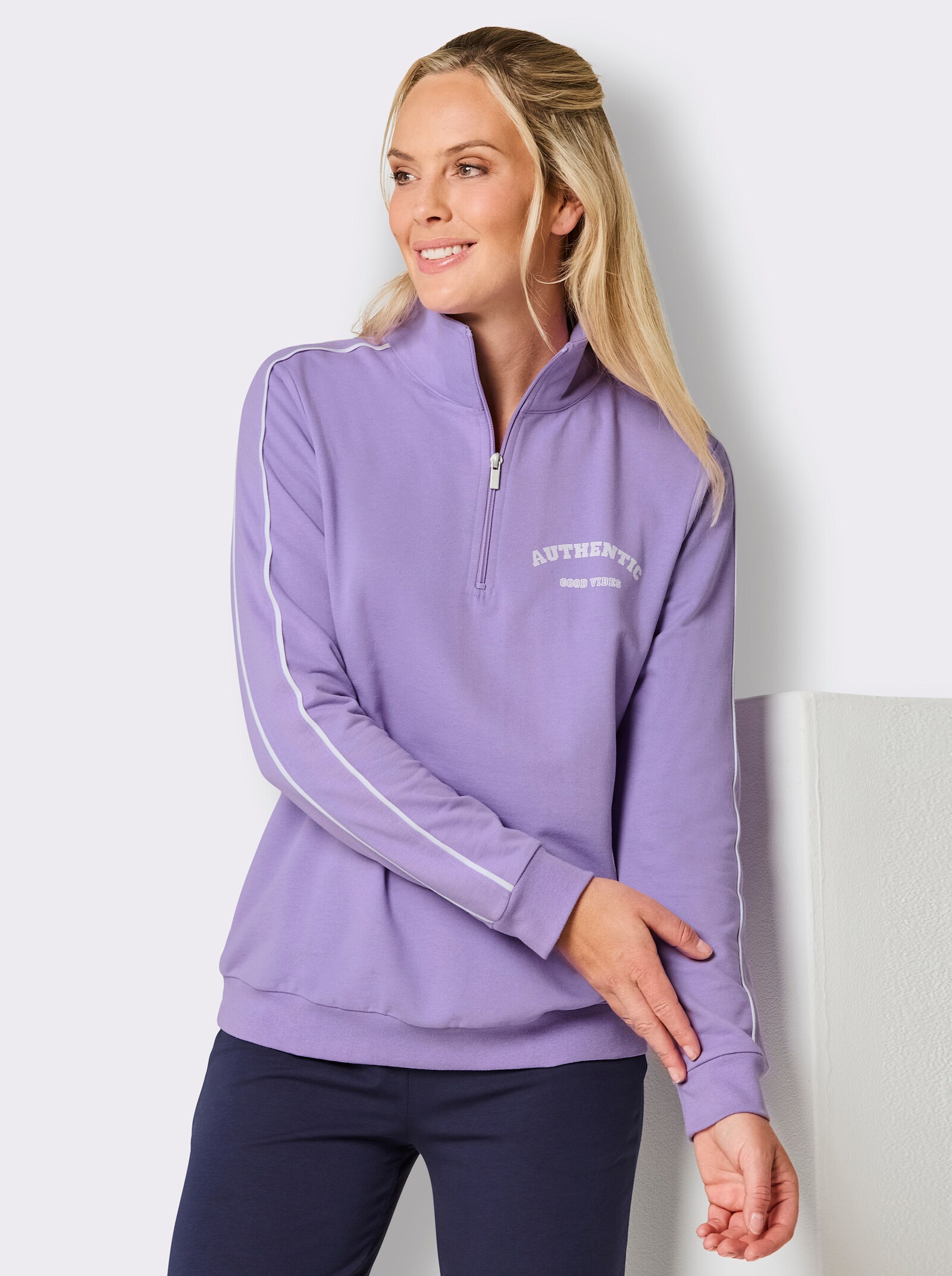 feel good Langarmshirt mit Zipper - lavendel-weiß