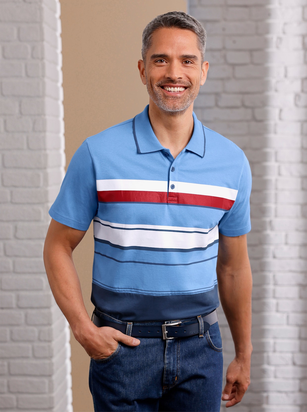 Kurzarm-Poloshirt - himmelblau-jeansblau