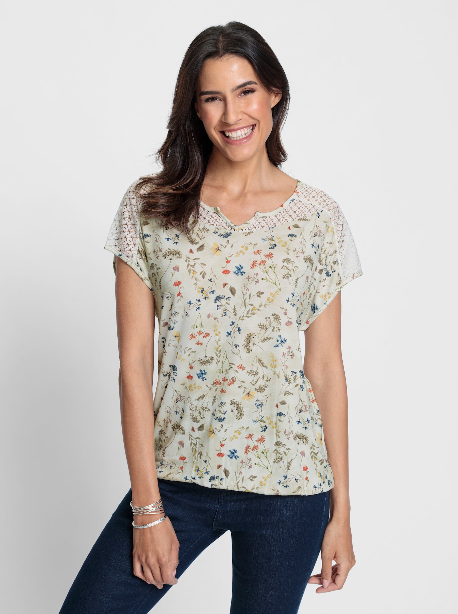T-shirt imprimé avec dentelle décorative - Roseau-rose flamant imprimé