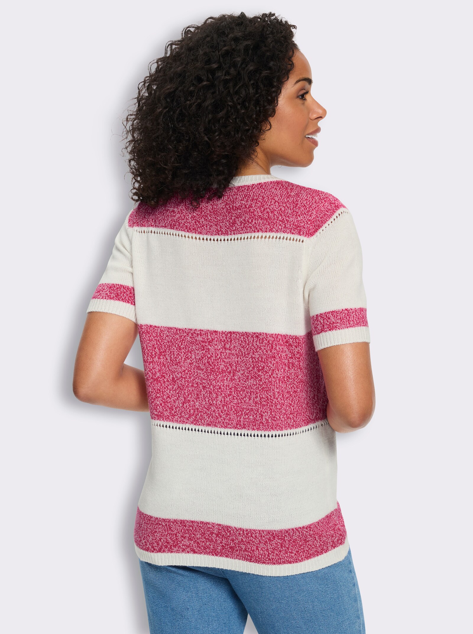 Kurzarmpullover im Ringel-Dessin - pink-ecru-gemustert