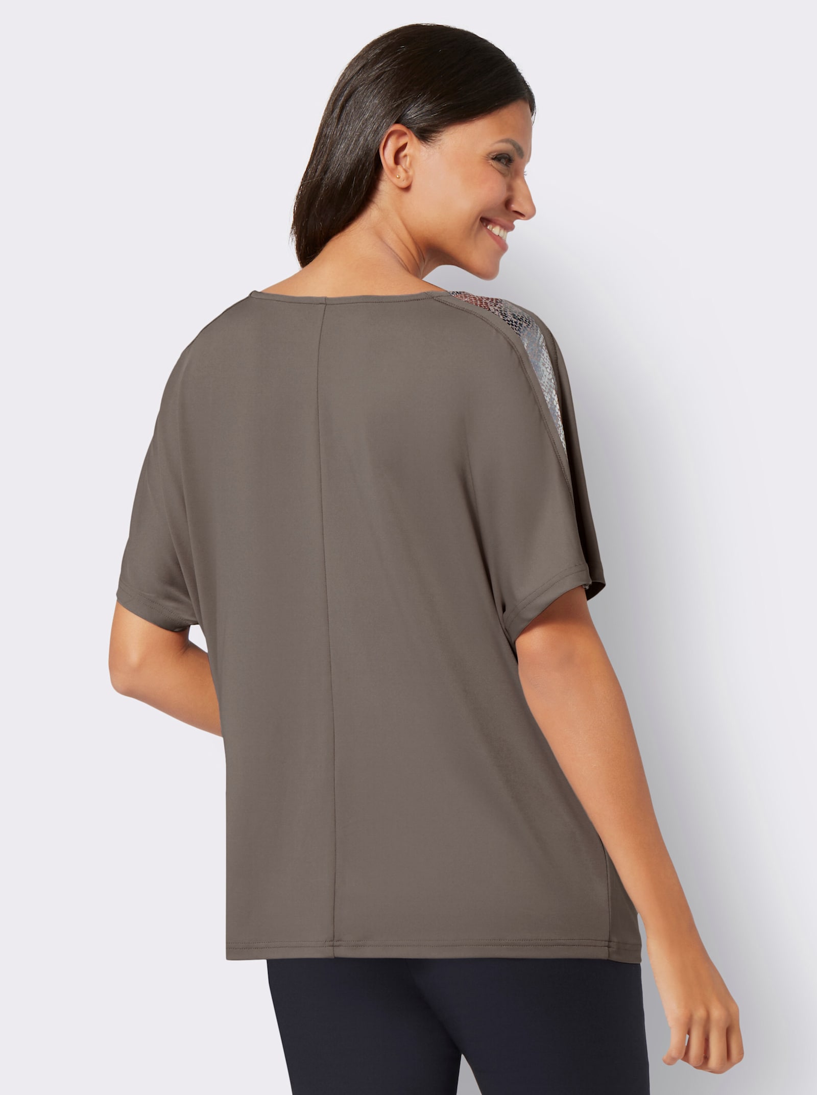 Wasserfallshirt mit glänzendem Folien-Print - taupe