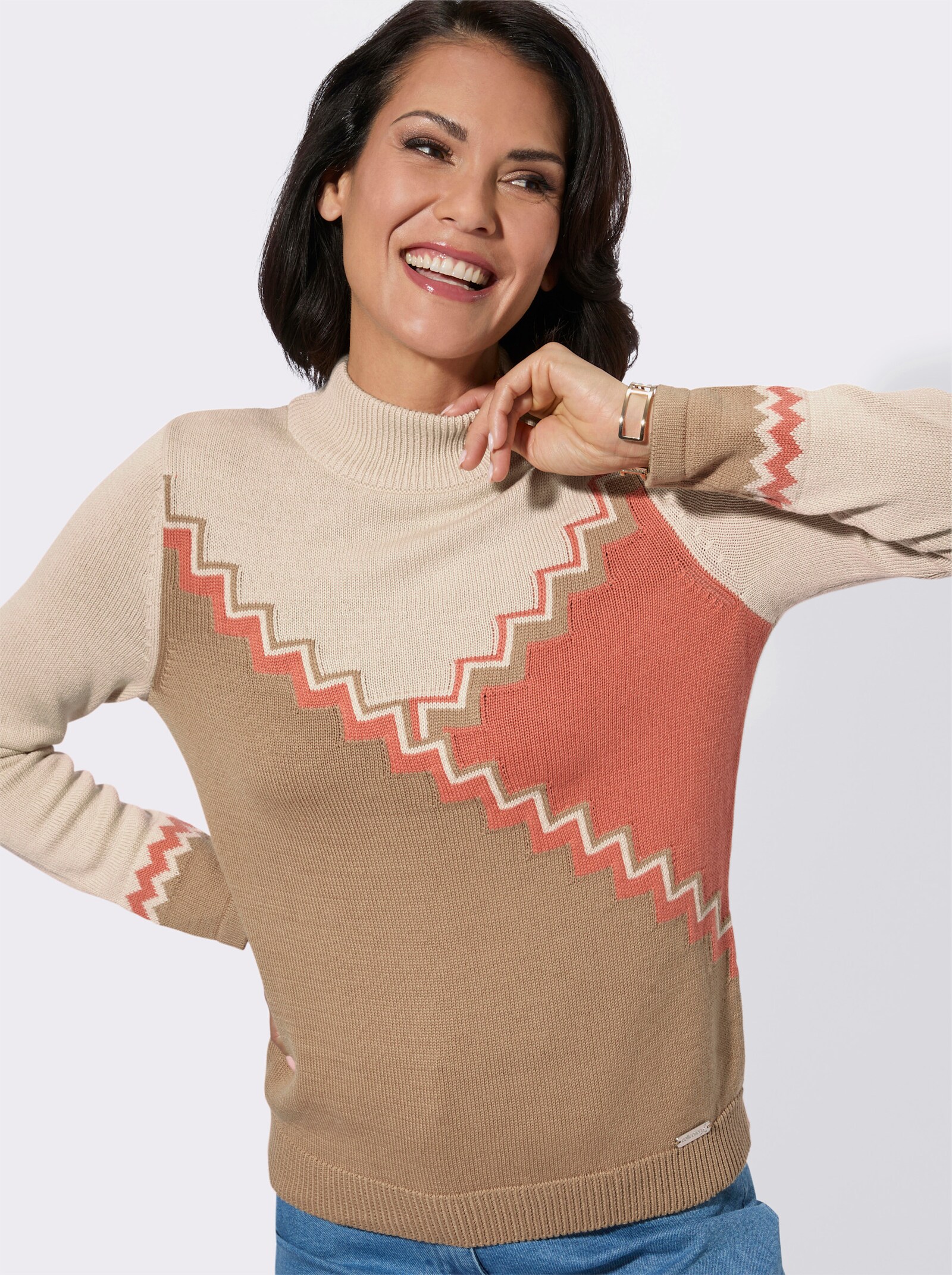 Stehkragen-Pullover - camel-papaya-gemustert