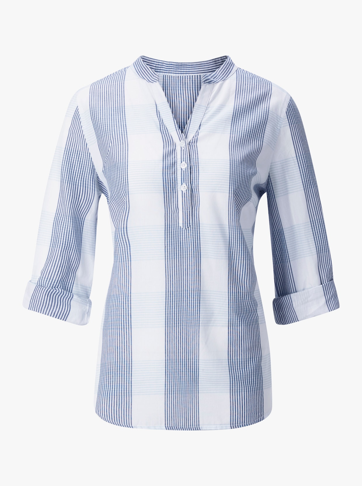 Baumwollbluse mit Stehkragen, kariert - marine-weiß-kariert