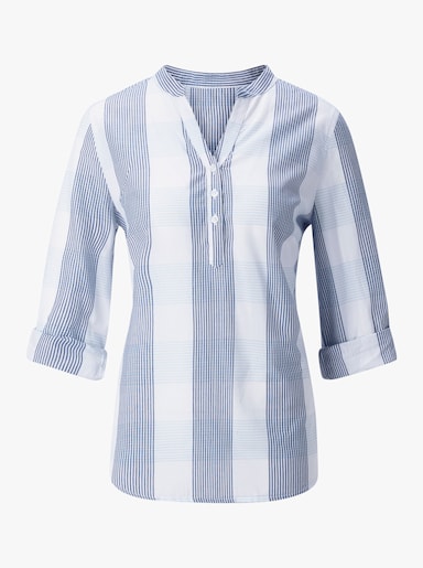 Baumwollbluse mit Stehkragen, kariert - marine-weiß-kariert