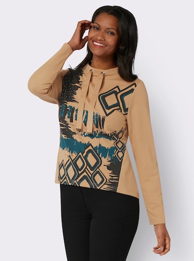 Sweatshirt - camel/zwart geprint