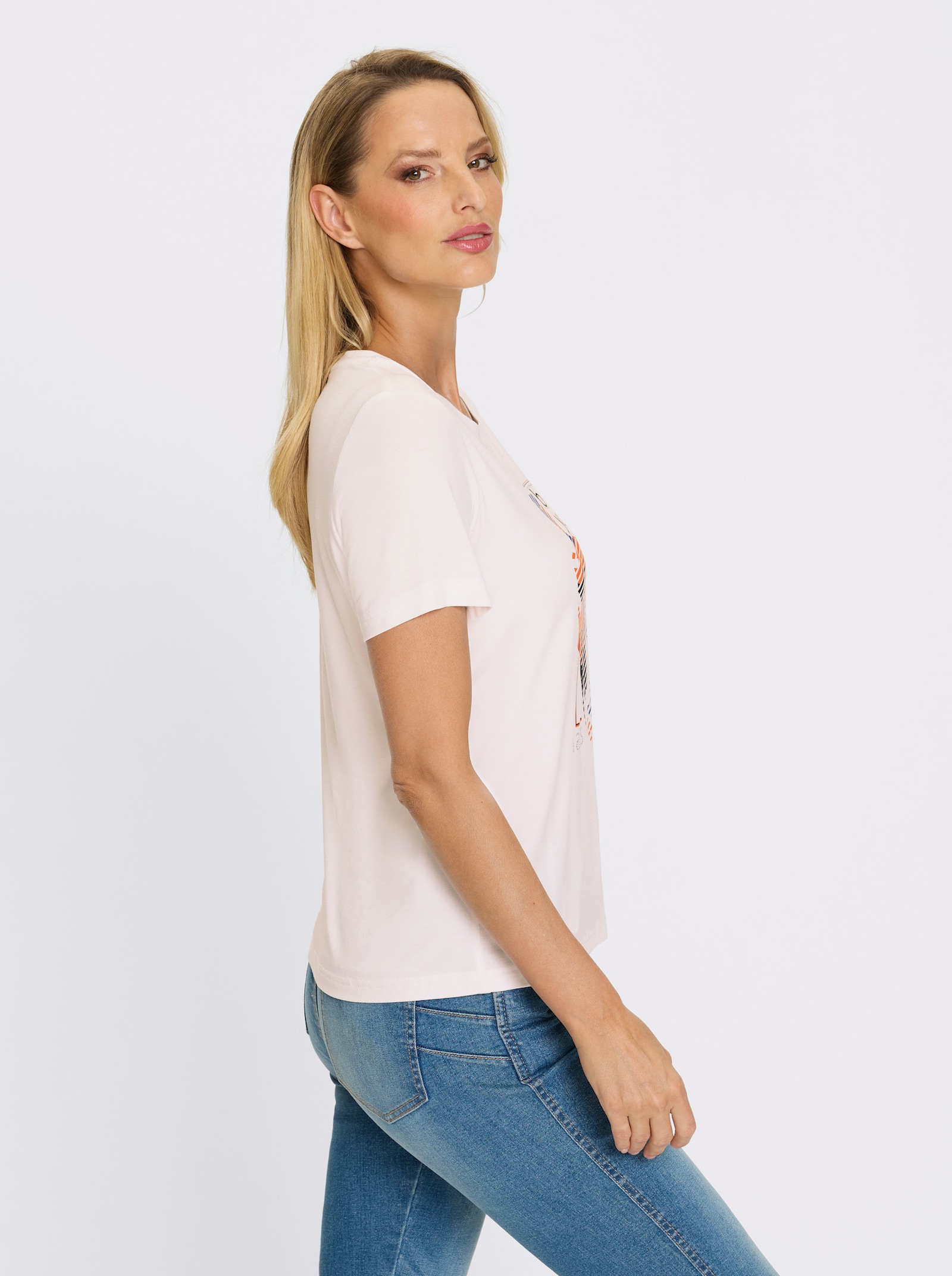 heine Rundhalsshirt mit Ziersteinen - weiss-royalblau