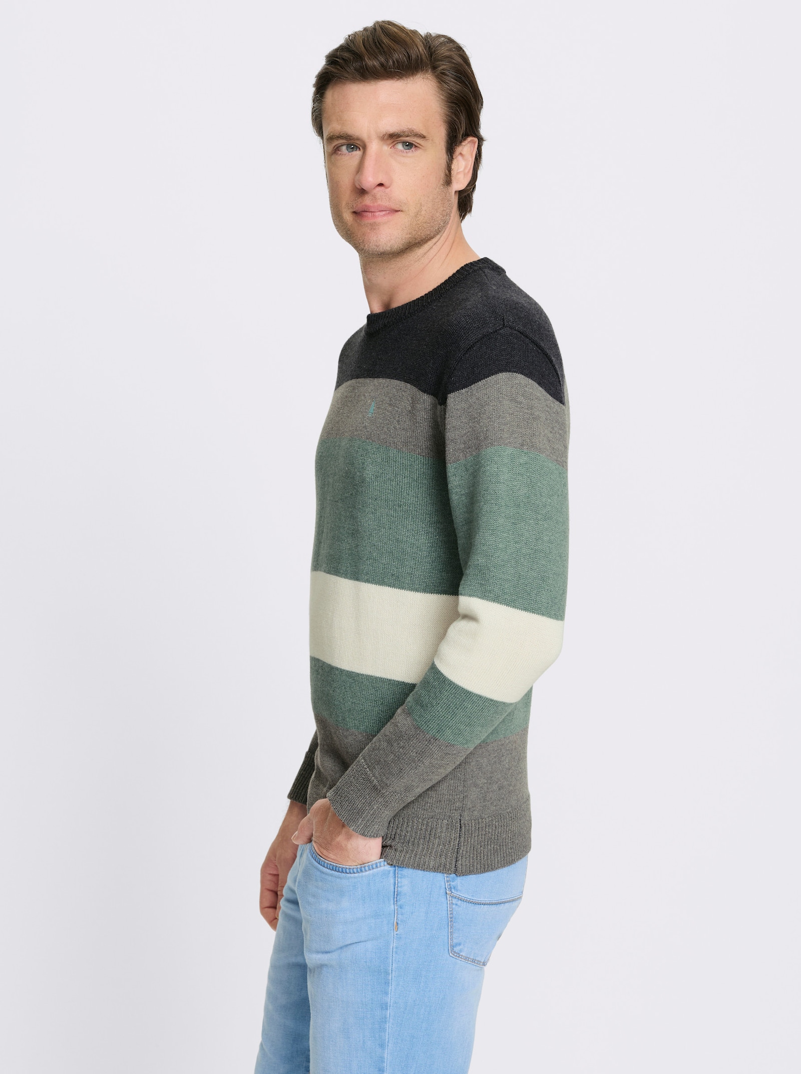 Catamaran Rundhalspullover mit Colour Blocking-Muster - jade-steingrau-meliert