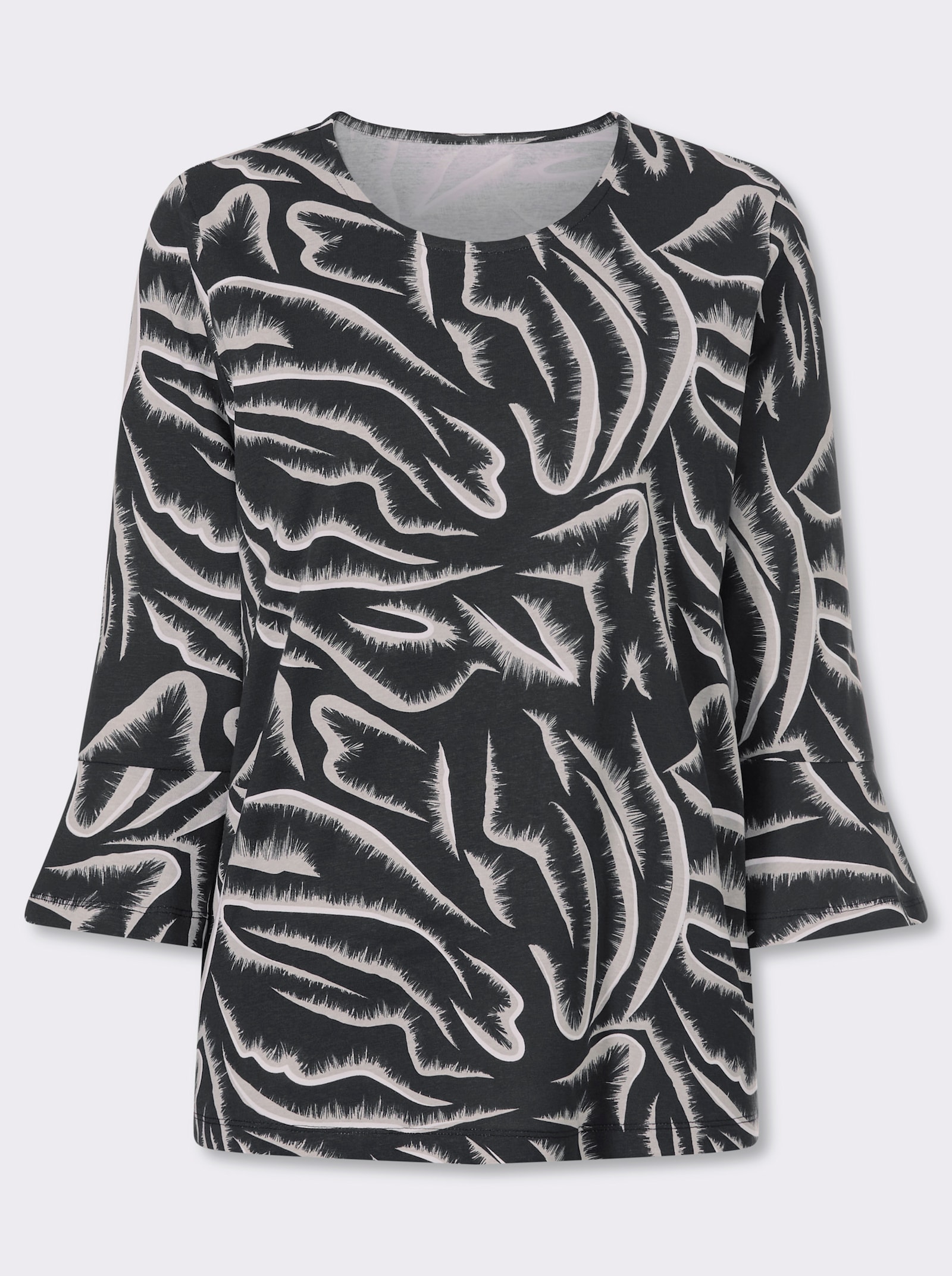 Rundhalsshirt mit Volants an den Ärmeln - schwarz-weiß-bedruckt