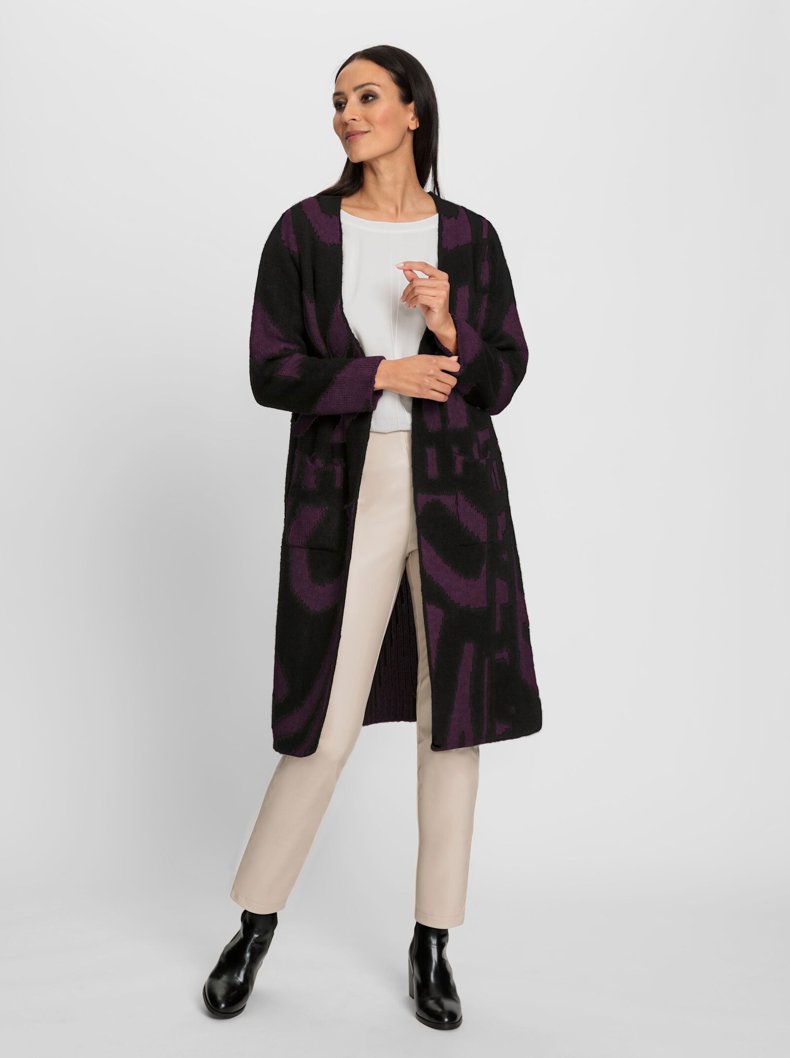 heine Lang vest met opgestikte zakken - zwart/druif gedessineerd