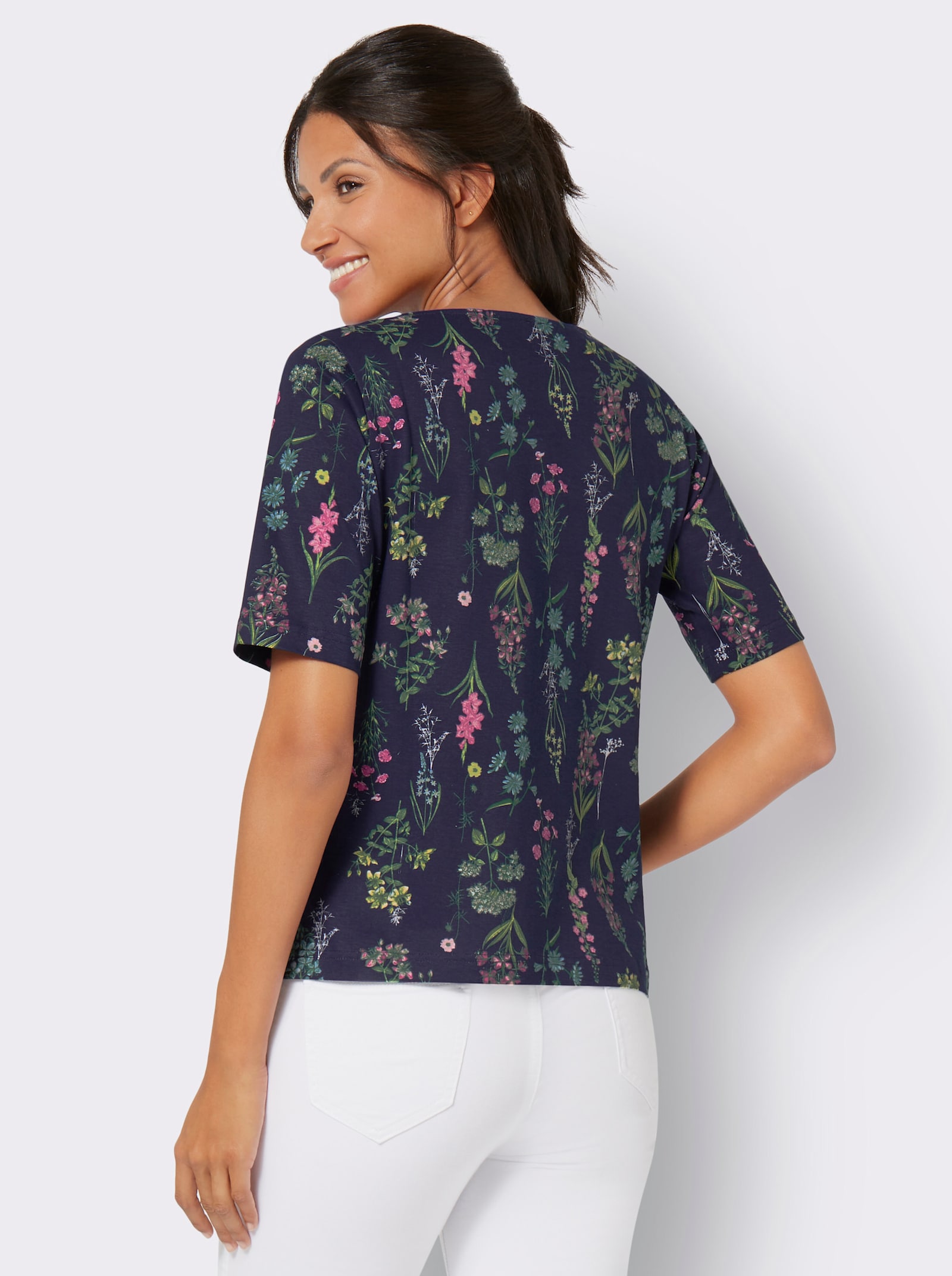 Rundhalsshirt im floralen Dessin - marine-altrosa-bedruckt