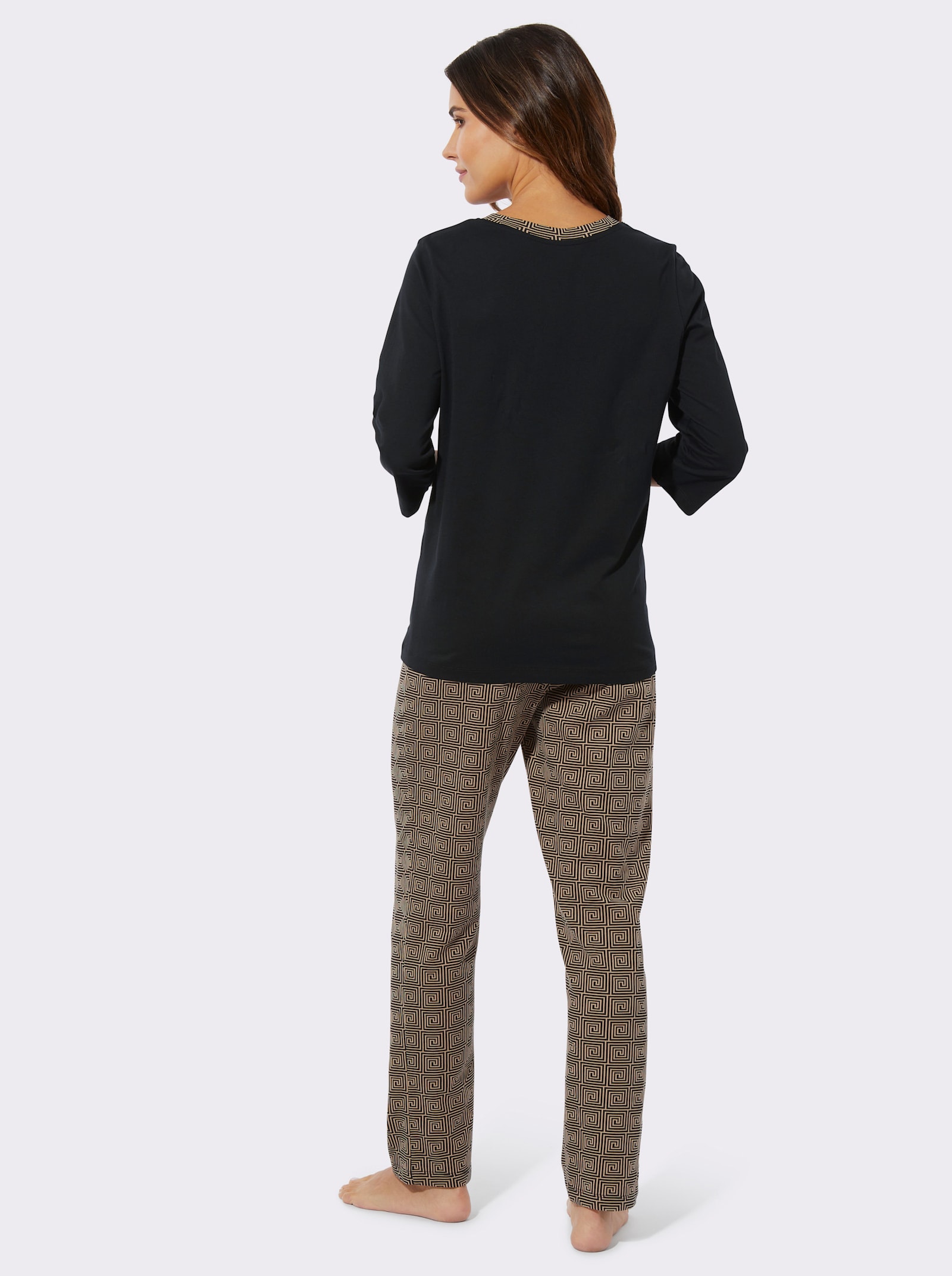 Pyjamas med hel resårlinning - svart-kamel, med tryck