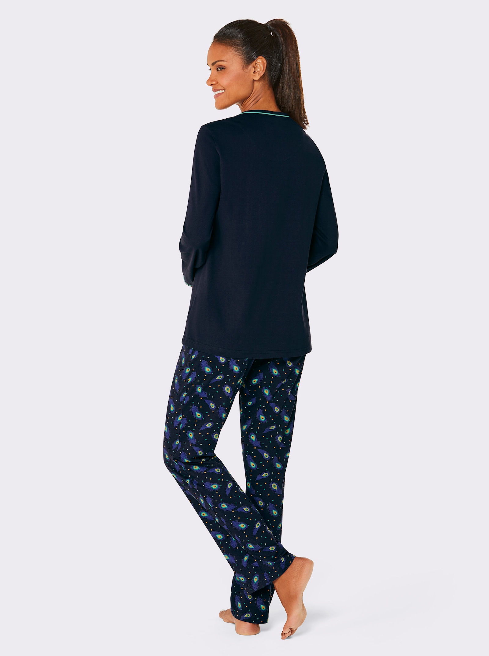 Comtessa Schlafanzug mit Pfauen-Druck - marine-blaugrün-bedruckt