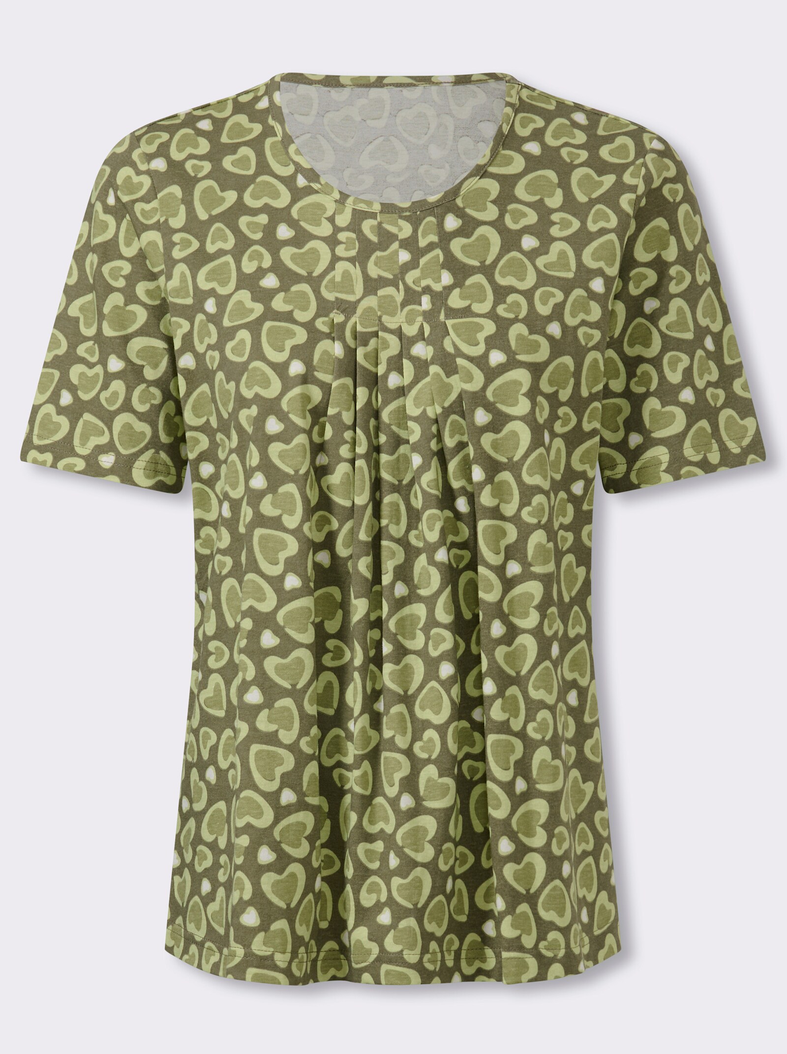 Rundhalsshirt mit Falten am Ausschnitt - khaki-pistazie-bedruckt