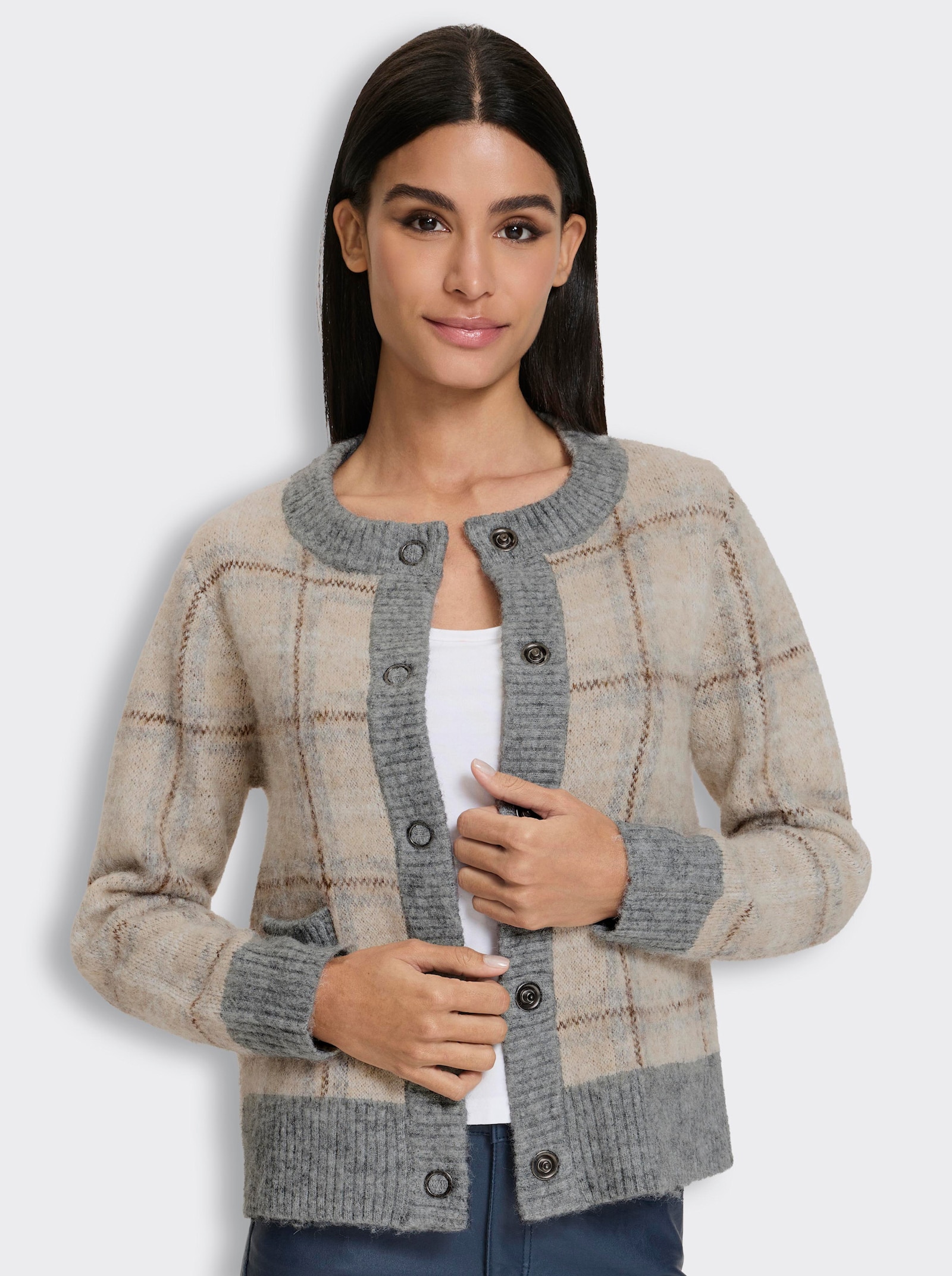 heine Jacquardstrickjacke mit Karo-Dessin - beige-grau-kariert