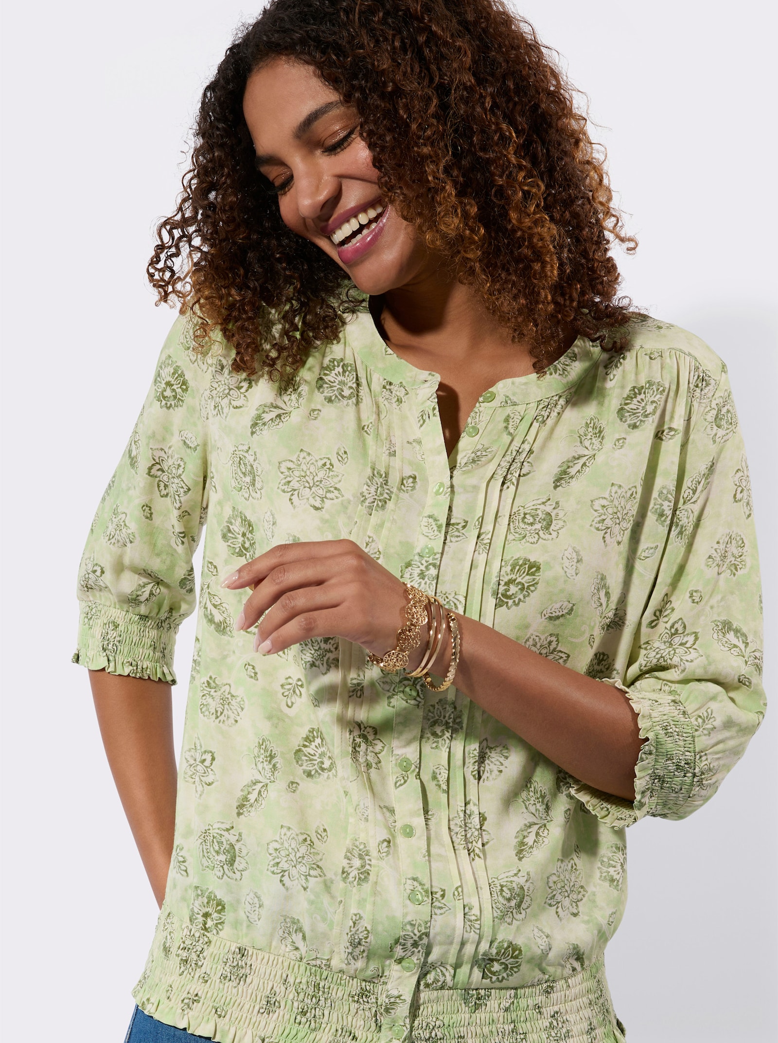 Druckbluse mit gesmokten Abschlüssen - lindgrün-bedruckt