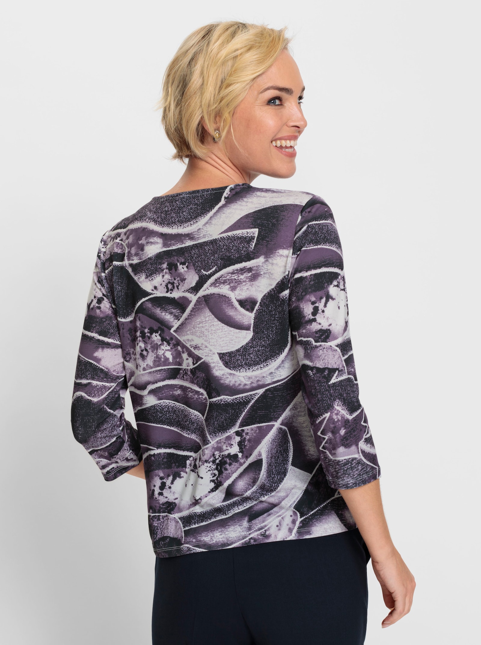 Tričko s kulatým výstřihem a grafickým vzorem - fíková-bílá-potisk