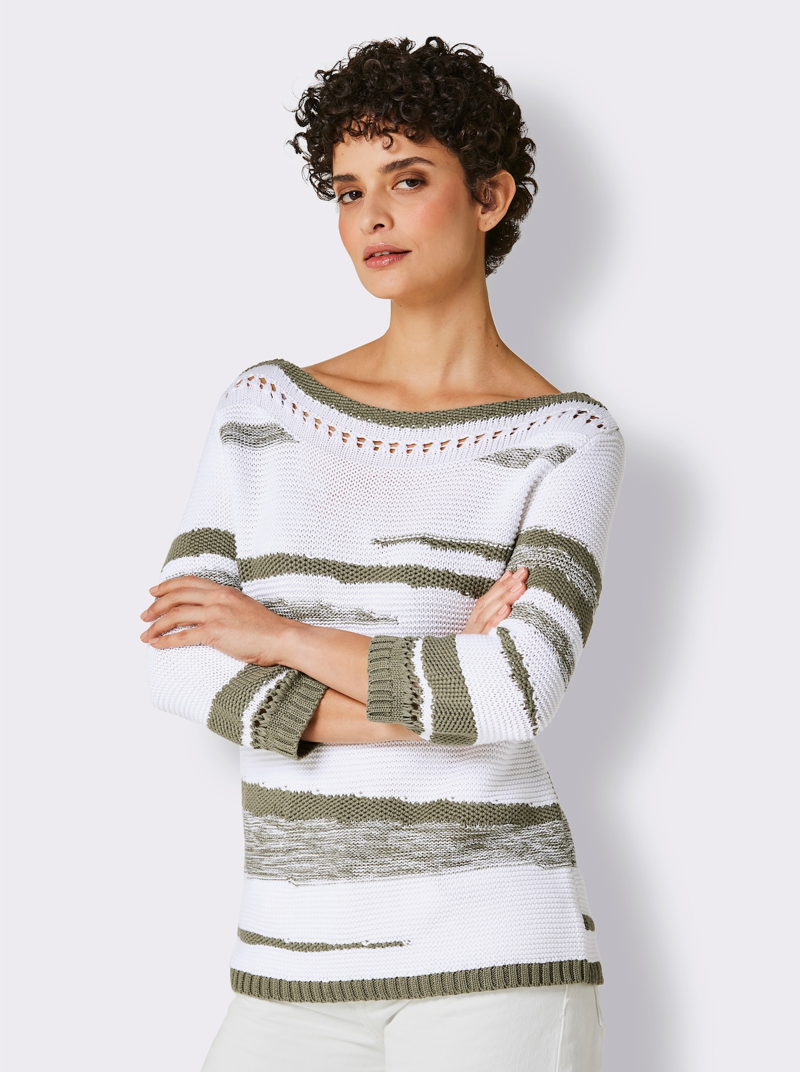 3/4 Arm-Pullover mit Lochmuster - weiß-khaki-gemustert