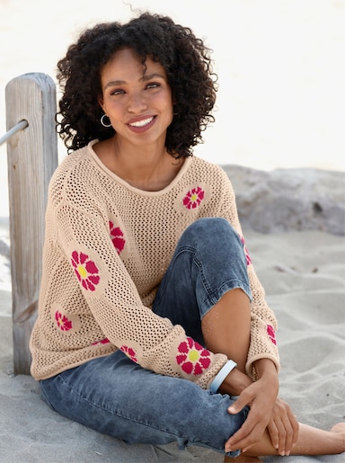 heine Ajourpullover mit Blüten-Jacquard - elfenbein-pink-gemustert