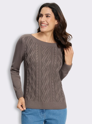  Pullover mit Zopfmuster-Mix vorne - dunkeltaupe