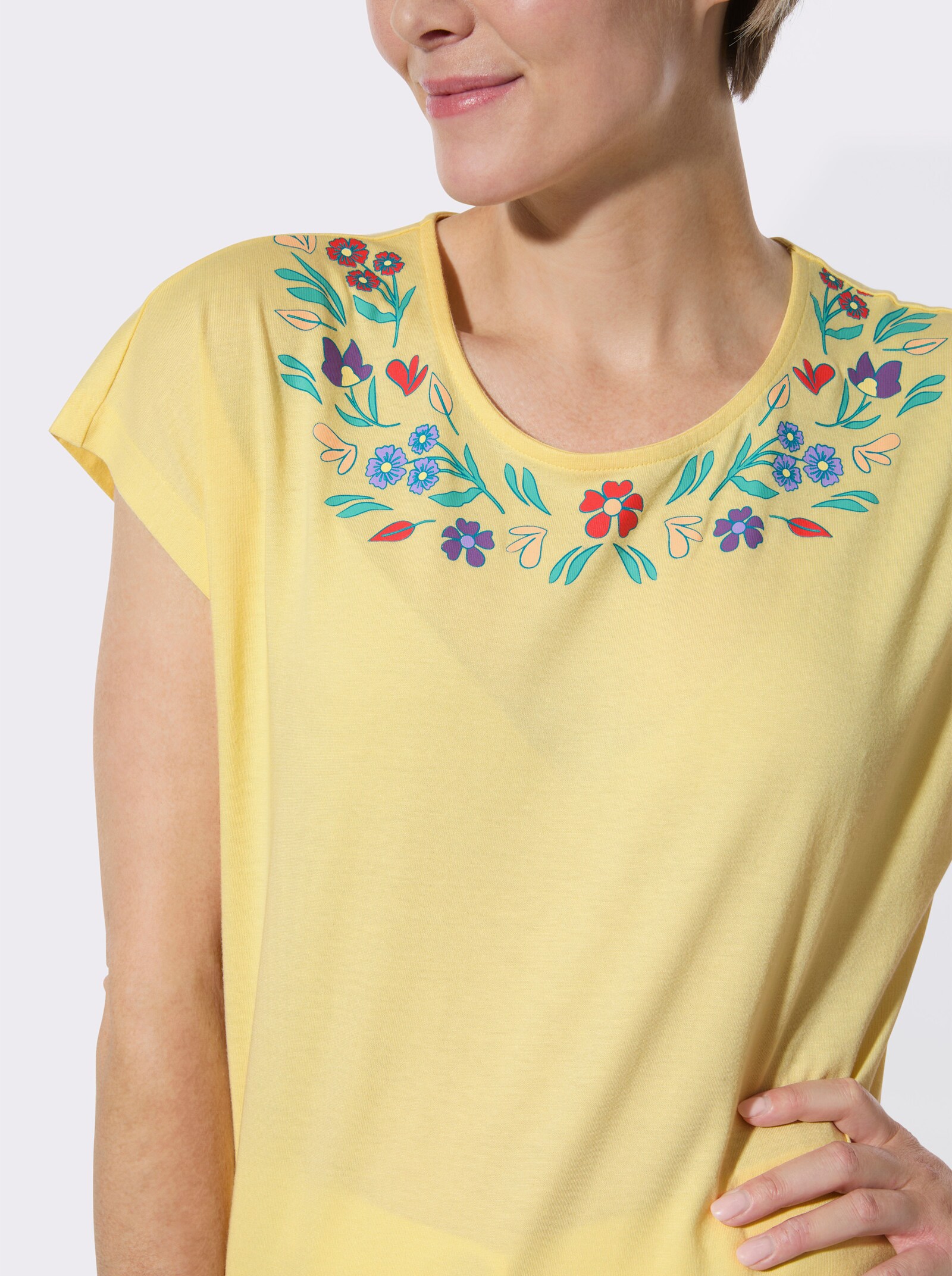 Rundhalsshirt mit floralem Print - zitrone